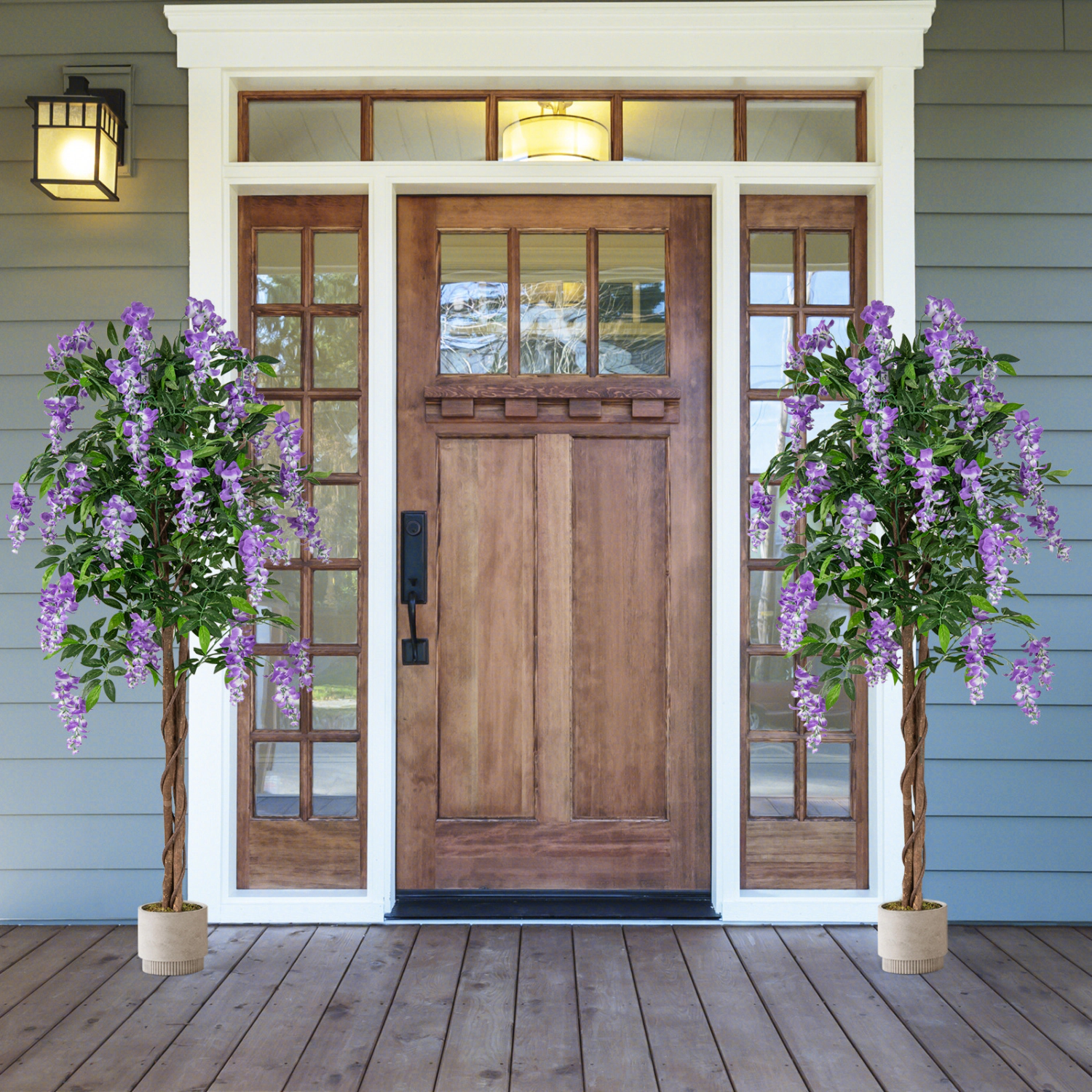Slickblue Artificial Wisteria Tree 65in Set of 2 Purple Hanging Flowers in Planter Floor Decor