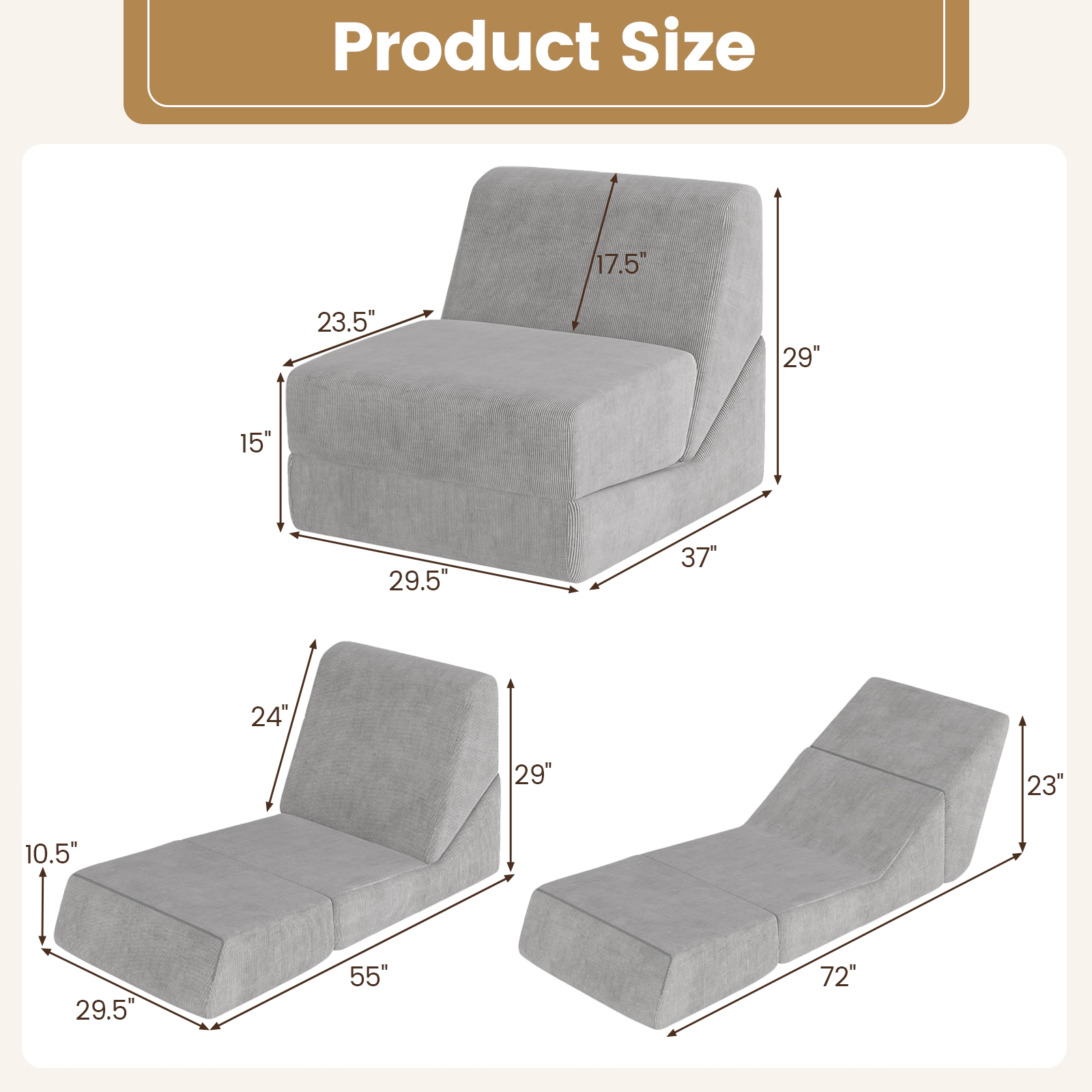 SUGIFT 3-in-1 Folding Sofa Bed with Washable Zippered Cover 330-lb Capacity Gray