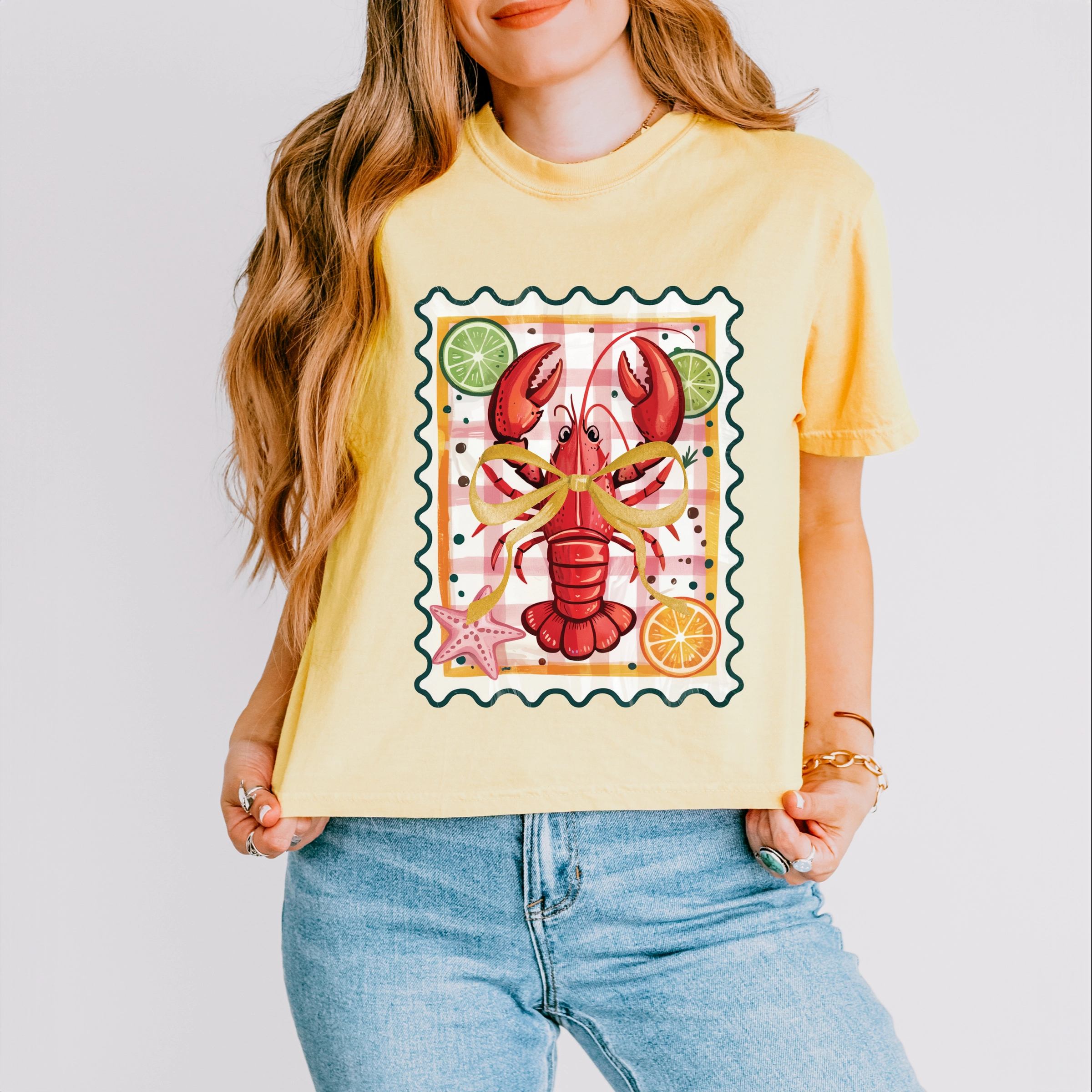 Simply Sage Market - Lobster Stamp Checkered Women's Boxy Crop Top Graphic T-Shirt