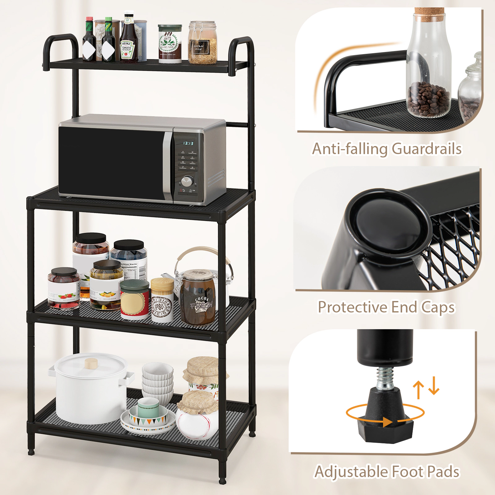 SUGIFT 4-Tier Black 53.5-in Tall Kitchen Microwave Storage Rack Floor Standing Metal Shelf Unit