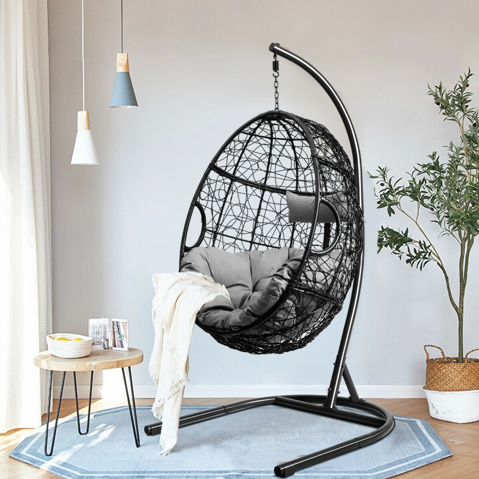 SUGIFT Gray Hanging Hammock Swing Chair with 81-in Alloy Steel Stand, Cushion and Pillow