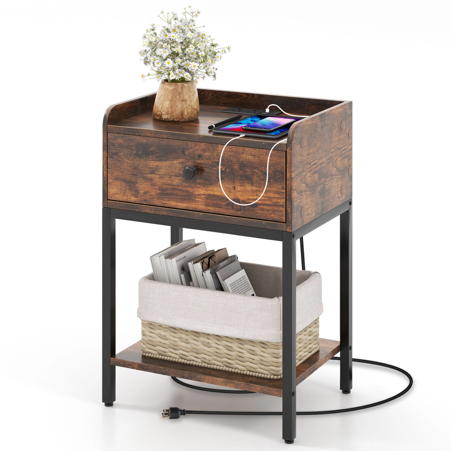 LJG Industrial Bedside Table Nightstand with Charging Station