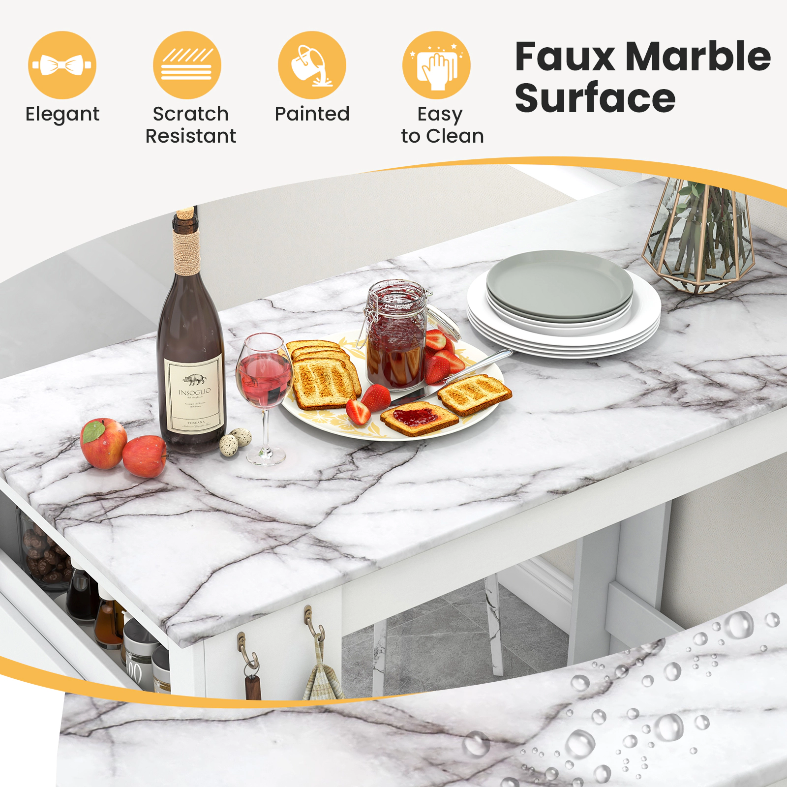 SUGIFT Faux Marble Bar Pub Table Storage Compartment & 7 Hanging Hooks 47-in Frame 220-lb Tabletop Capacity White MDF