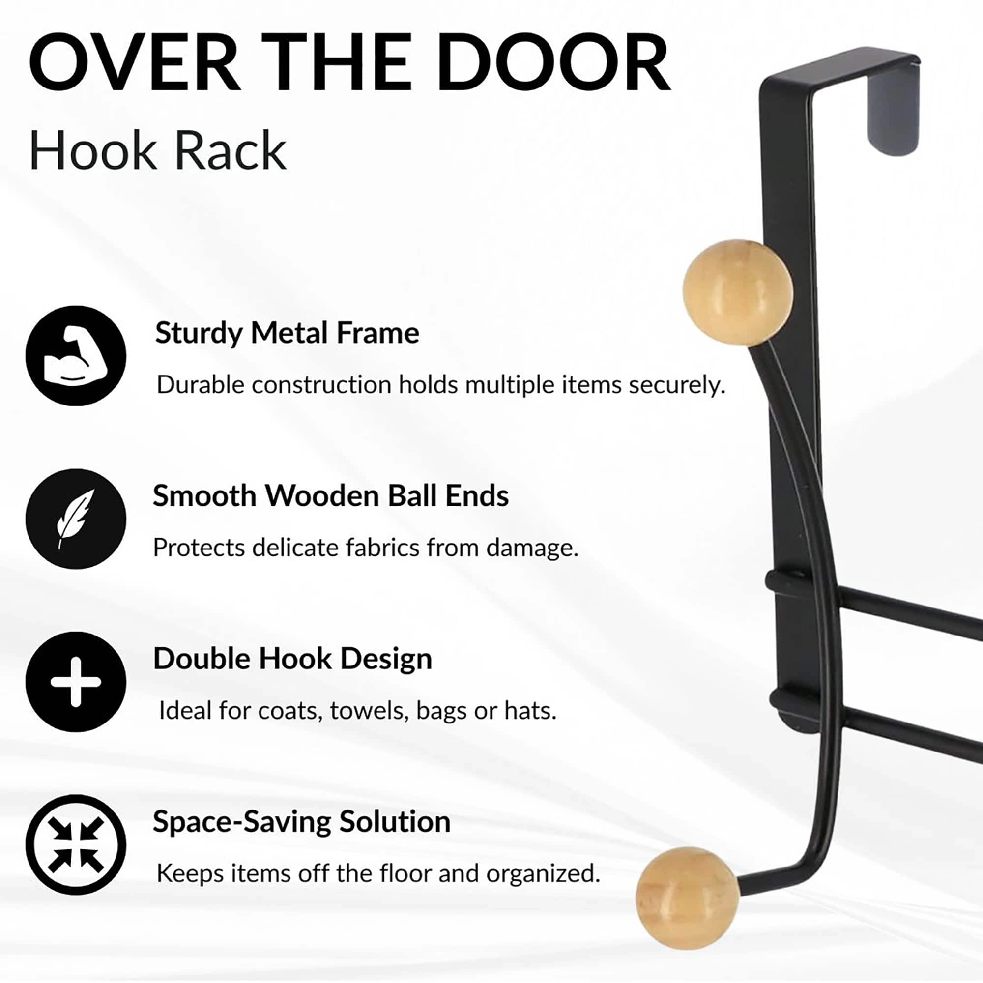Evideco French Home Goods Over-the-Door Double Hook Rack - 4 Ball-End Hooks, Fits Doors up to 1 5/8