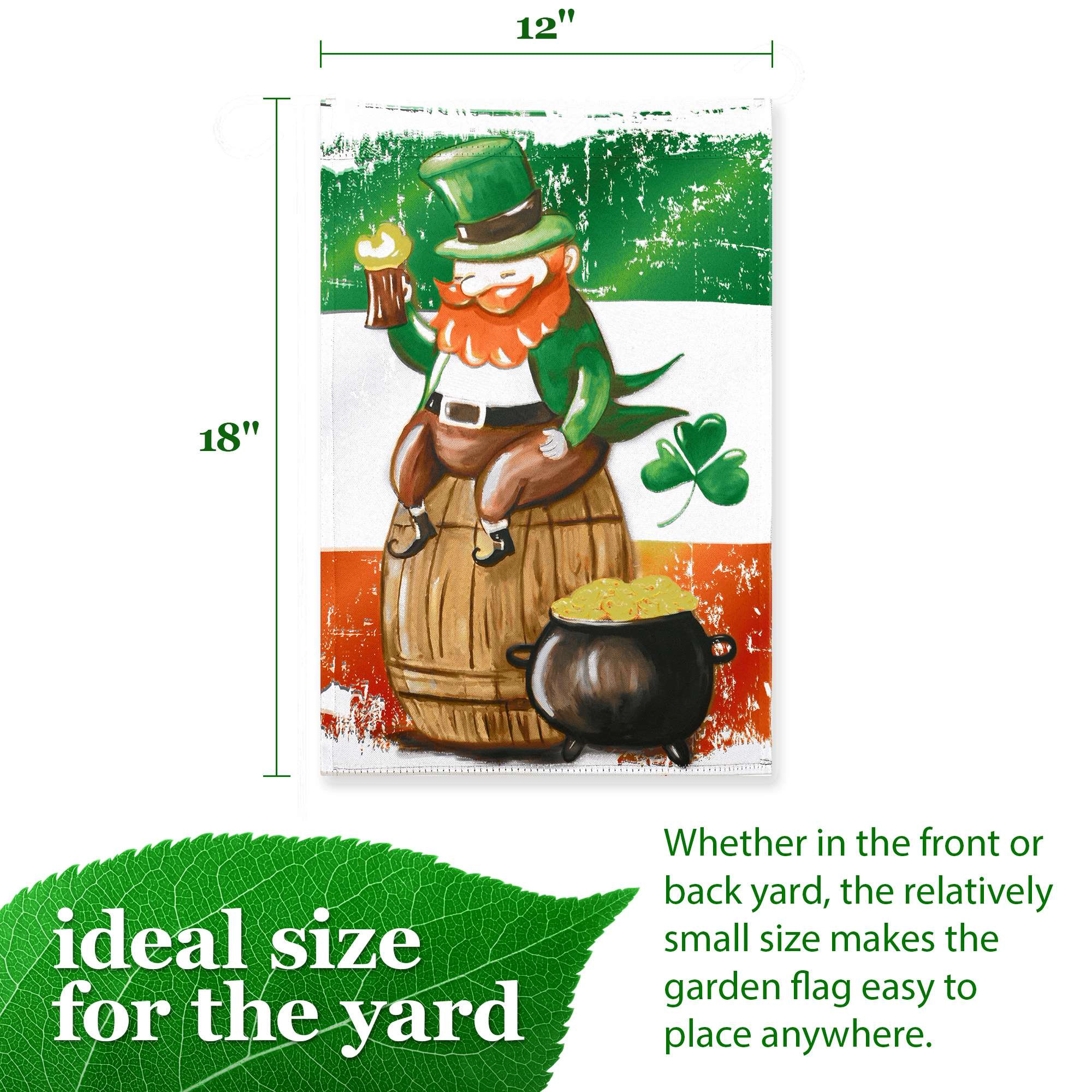 G128 Double-Sided St. Patrick's Day Garden Flag 12x18 in Leprechaun with Pot of Gold