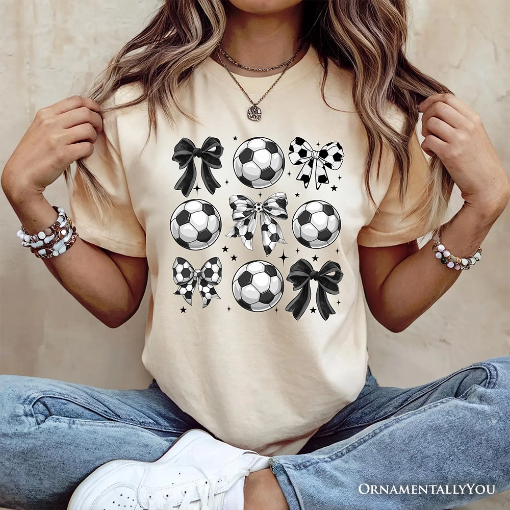 OrnamentallyYou Womens Coquette Bows Soccer Balls T-Shirt