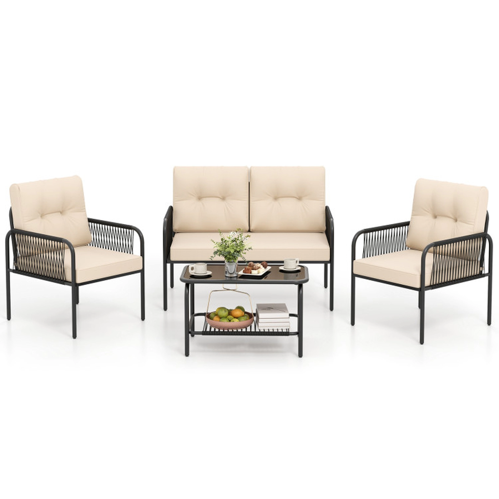 SUGIFT 4-Piece Beige Patio Rattan Conversation Set with Loveseat and 2 Chairs 16-in Seat H 660-lb Loveseat Capacity