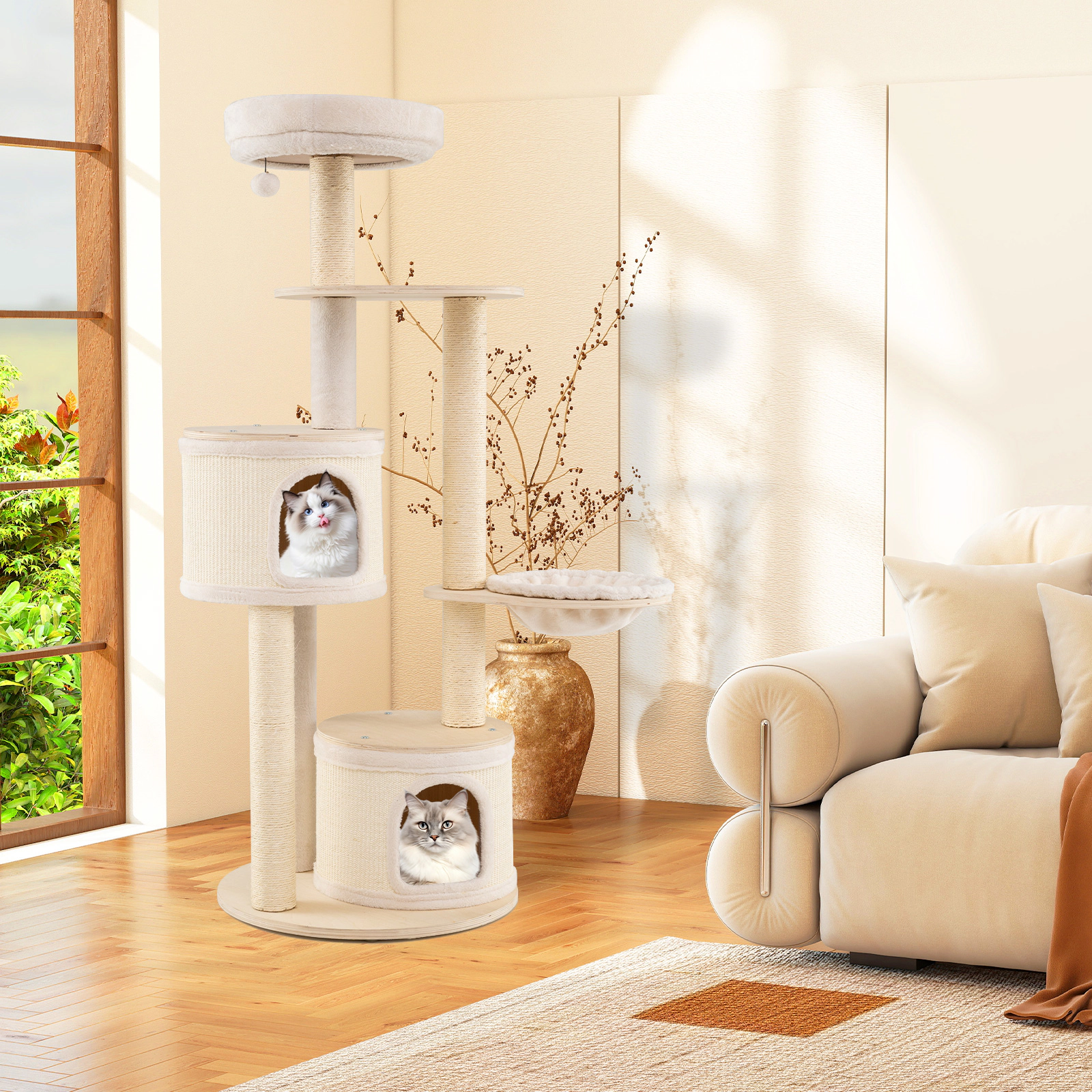 SlickBlue Unisex 60 Inch Wooden Cat Tree with 2 Condos and Scratching Posts