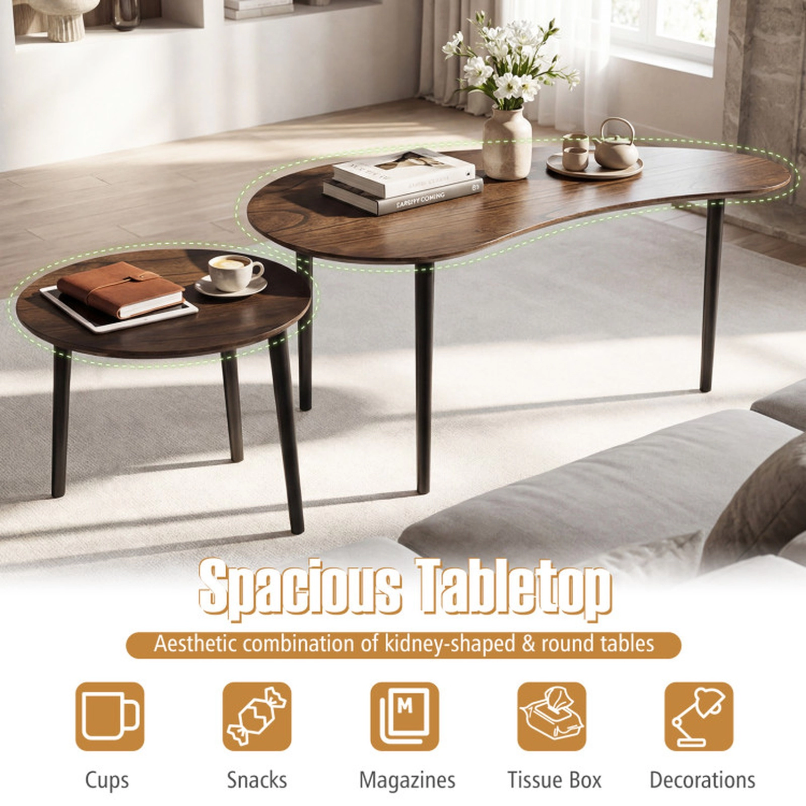SUGIFT Set of 2 66-lb Capacity Mid Century Modern Walnut Nesting Coffee Tables with Rubber Wood Legs