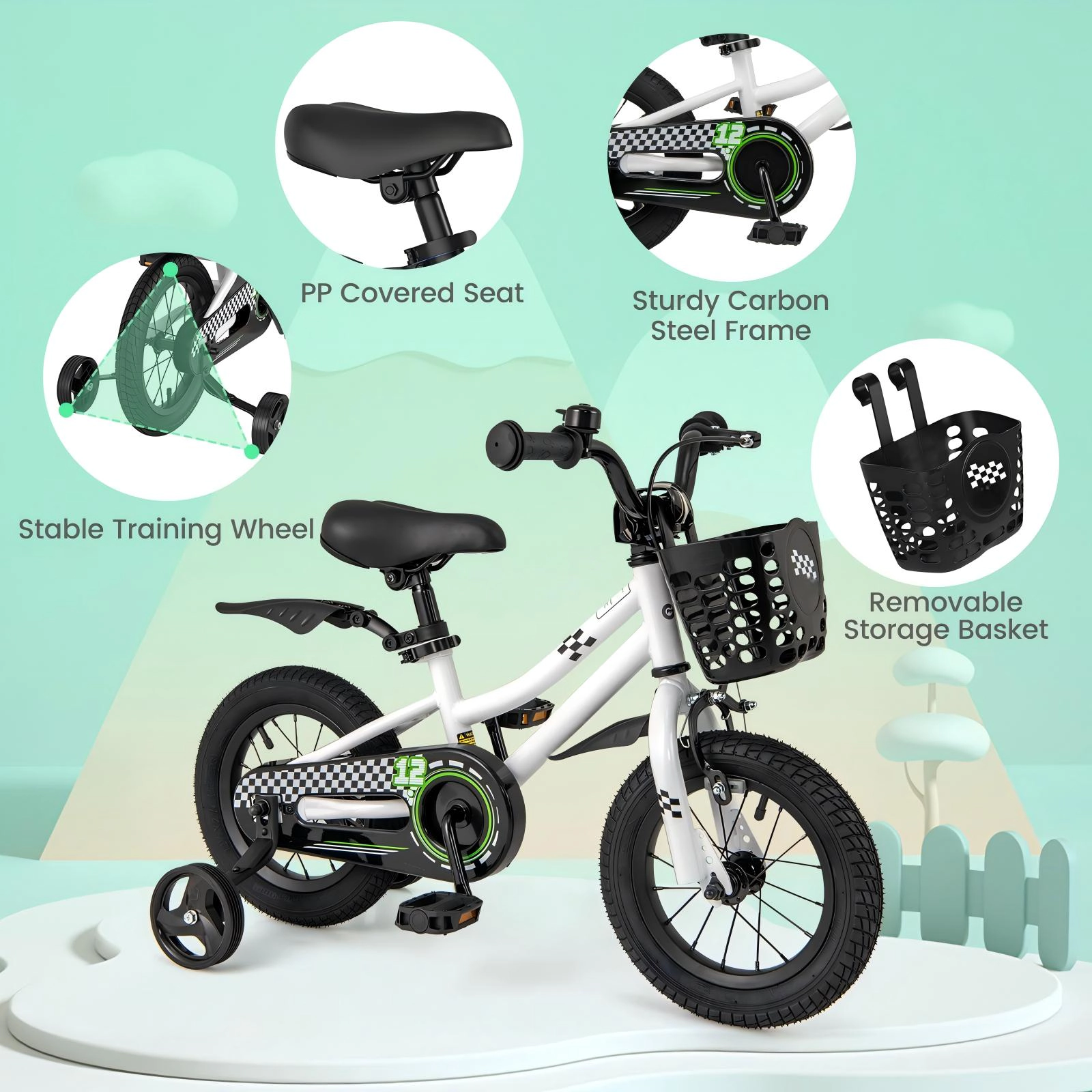SUGIFT White Removable Training Wheels Mudguard Bell and Chain Guard Kids 12 Inch Bike
