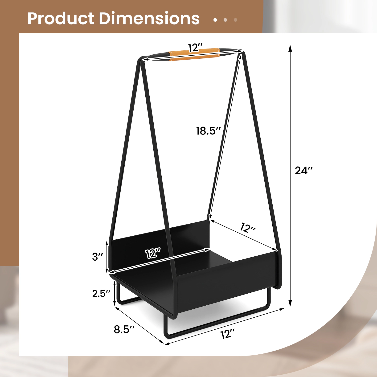SUGIFT Metal Firewood Storage Rack with Triangle Frame 55-lb Capacity 24-in Tall Log Holder with Leather Handle
