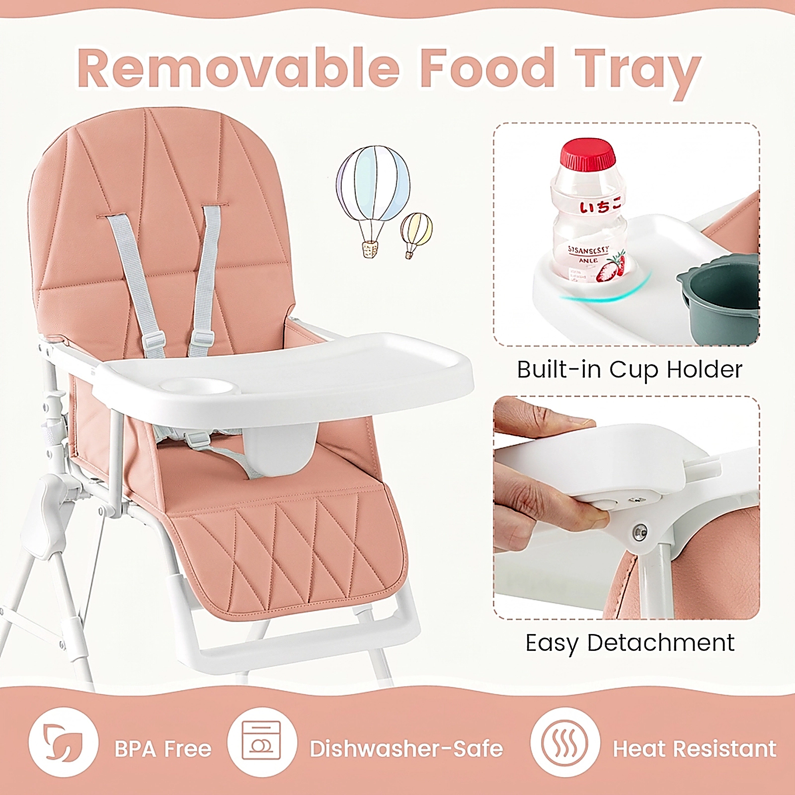 SUGIFT Pink Removable Tray and PU Seat Cushion Compact Folding Baby High Chair