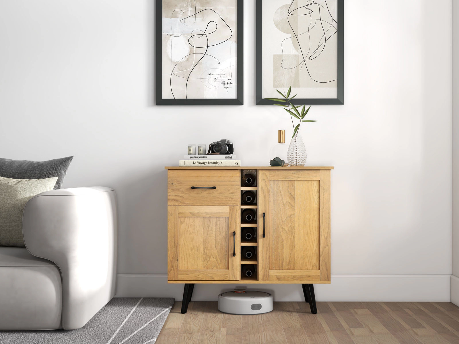 SUGIFT 2-Door Buffet Sideboard with Drawer and 6-Bottle Wine Rack 125-lb Tabletop Capacity White/Black/Natural