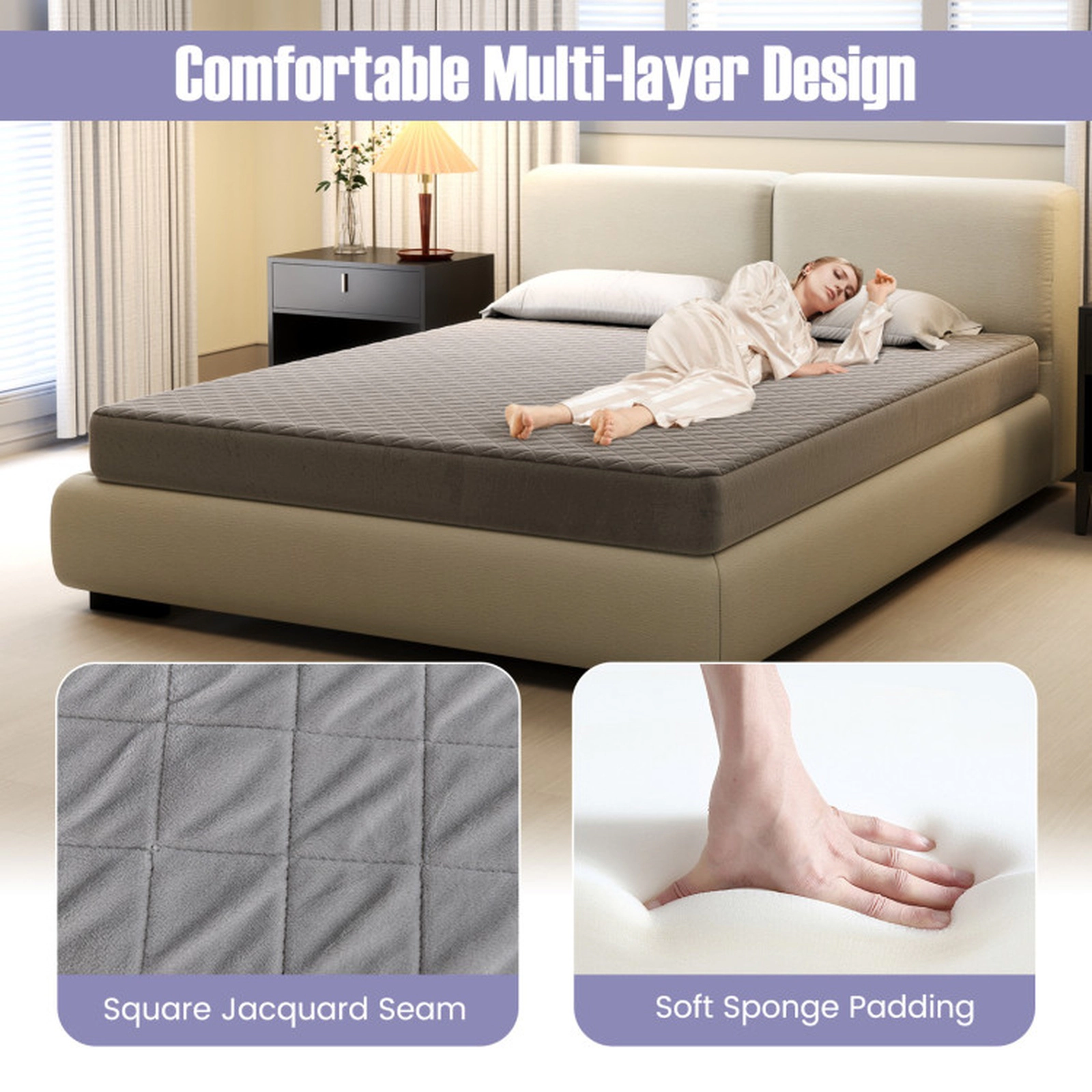 SUGIFT Breathable Velvet Polyester Mattress Topper Protector Queen 80 x 60-in Gray Non-Slip Bottom 16-in Deep Pocket