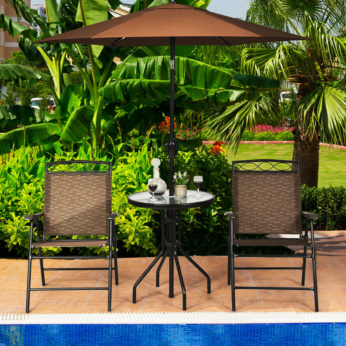 SUGIFT Bistro Dining Set with Tempered Glass Table 135-lb Table 330-lb Chairs 1.57-in Umbrella Hole Brown and Black