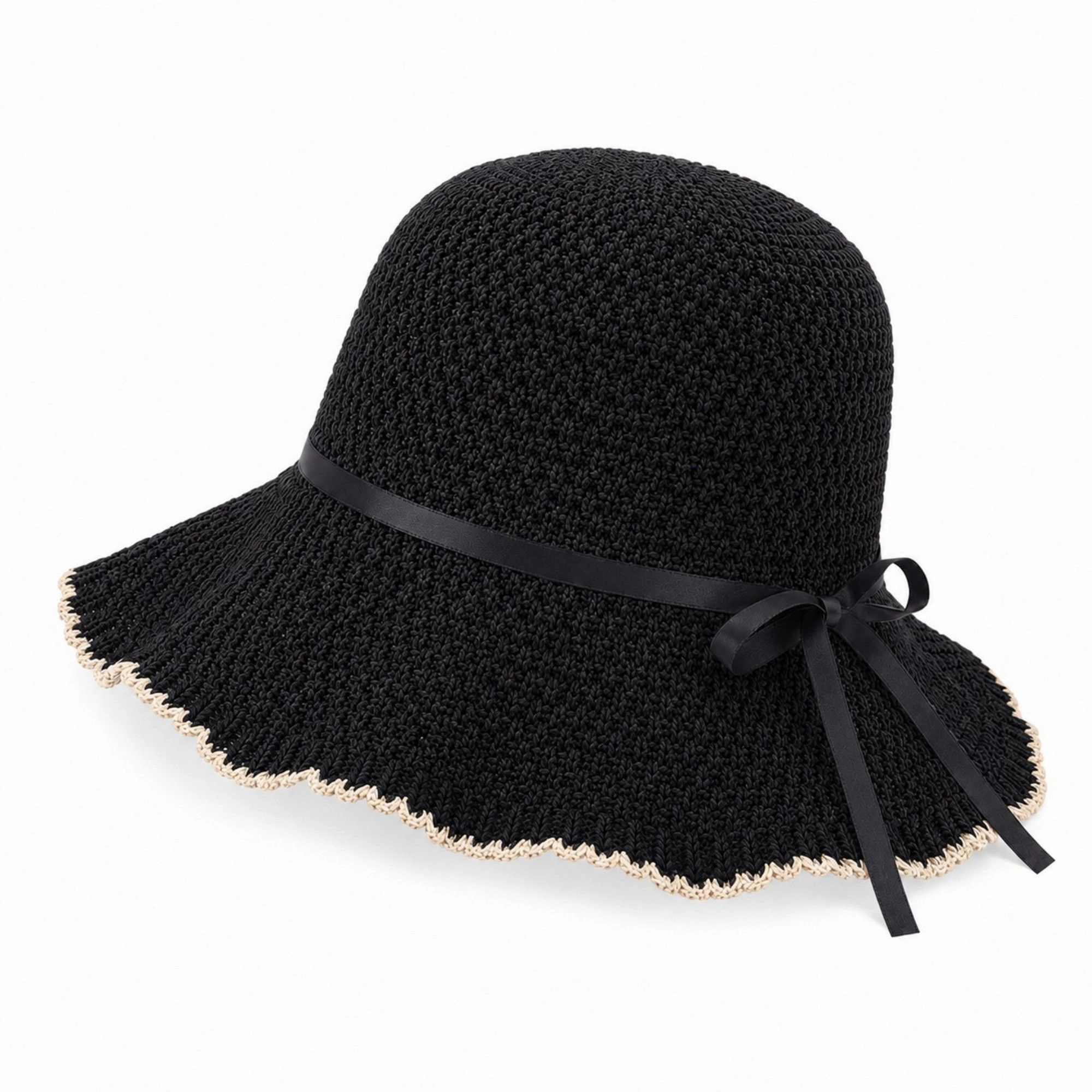 Alilang Women's Woven Bucket Hat with Scalloped Brim Ribbon Band and Bow Tie Accent