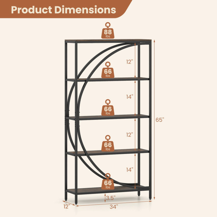 Hivvago 5-Tier Bookshelf with Half-Moon Shape for Living Room and Home Office