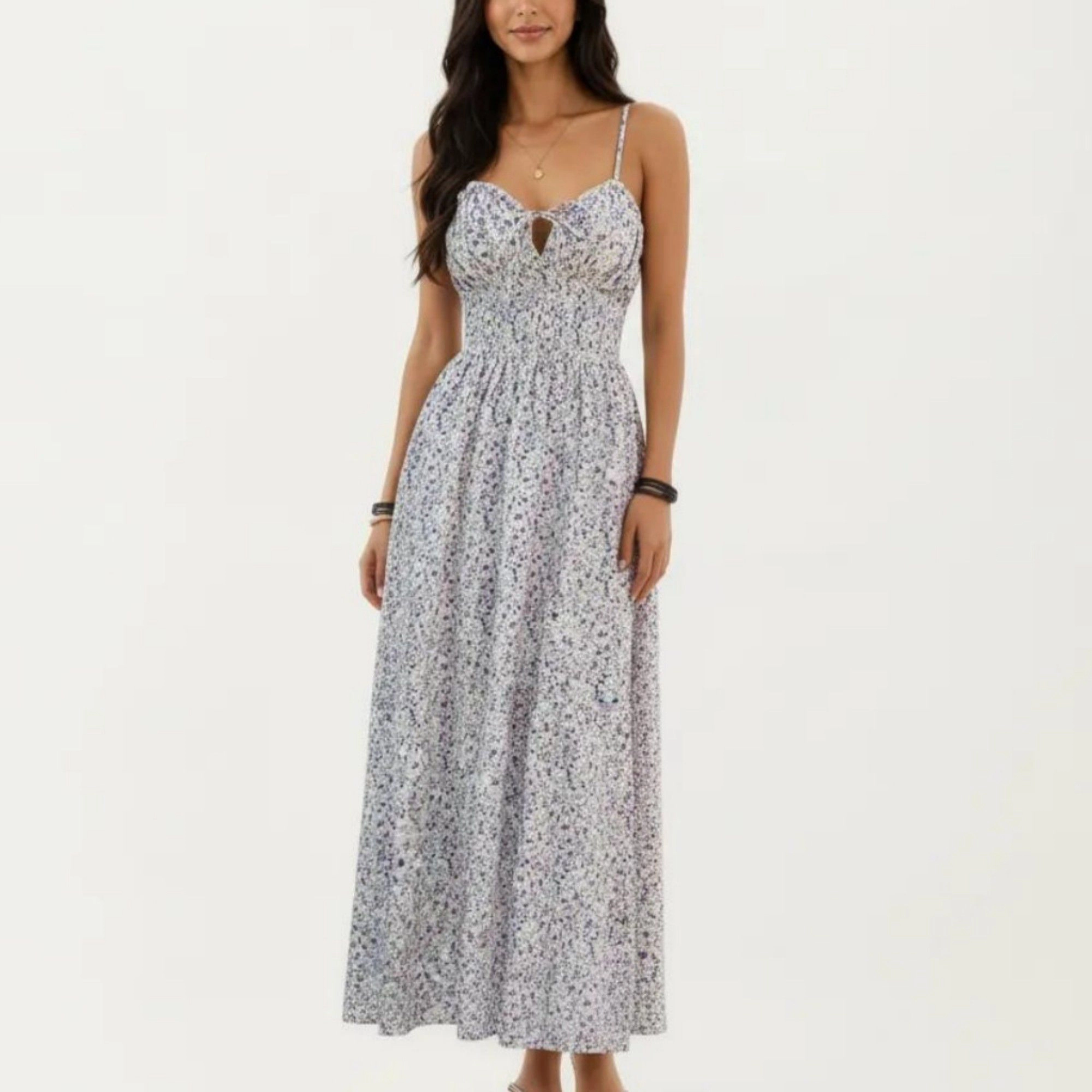 Anna-Kaci Women's Sleeveless Floral Spaghetti Straps Smocked Waist A-Line Maxi Dress