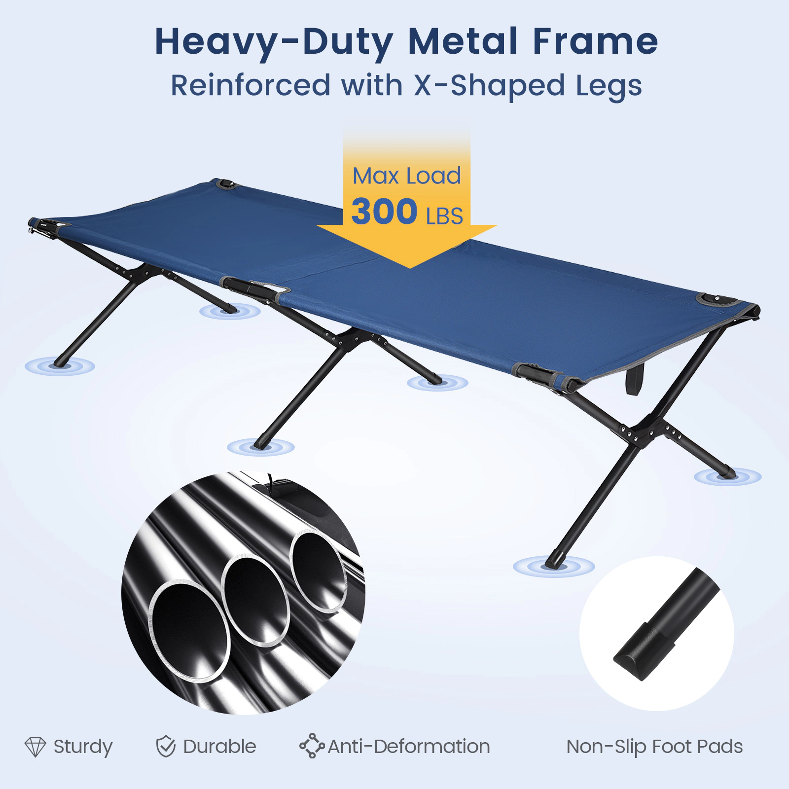 SUGIFT Iron X-Leg Folding Camping Cot Portable Bed 600D Oxford 300-lb Capacity 26.5-in Wide 6-in High Blue/Gray