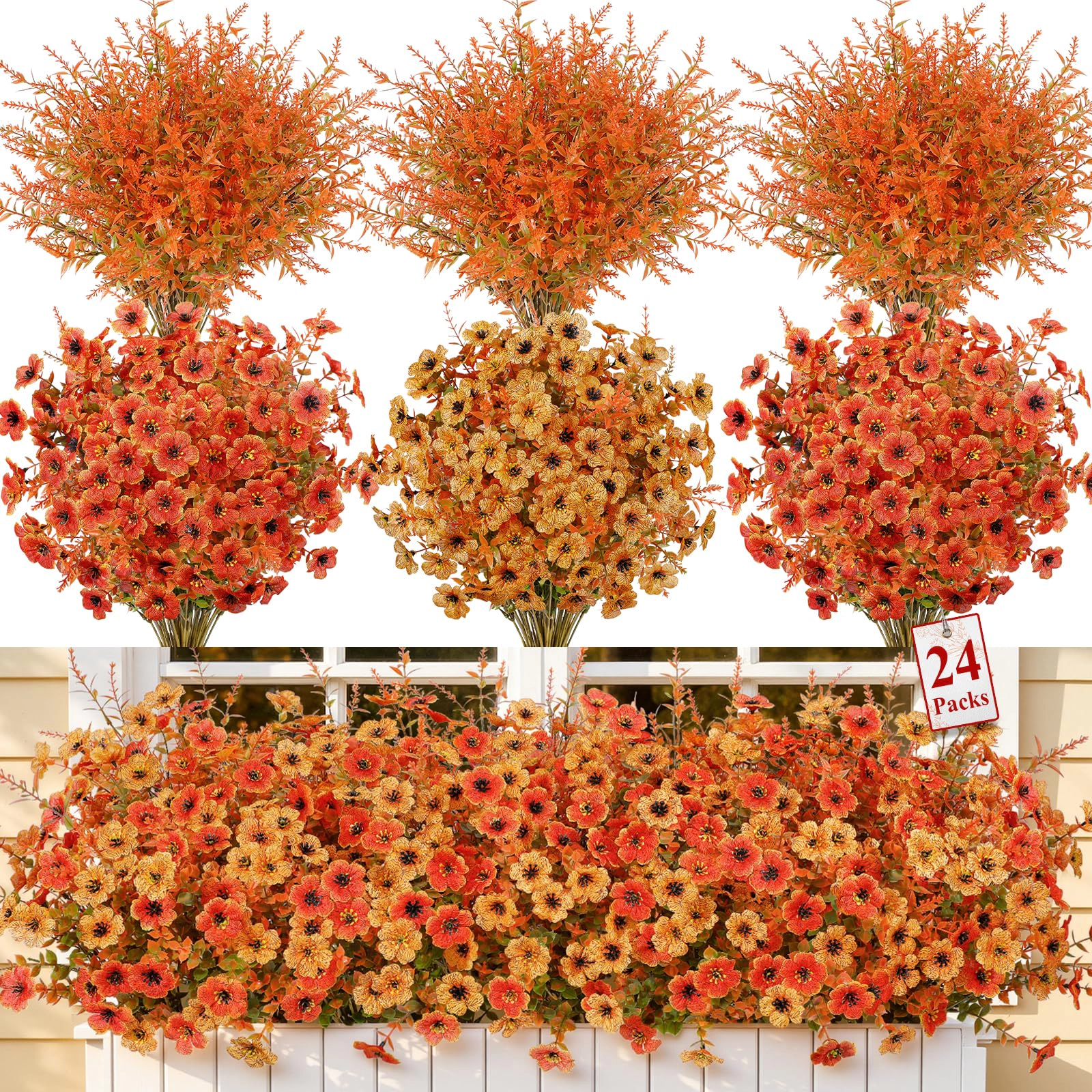 PUPWE 24Artificial Fall Flowers Uv Resistant Mums For Outdoors