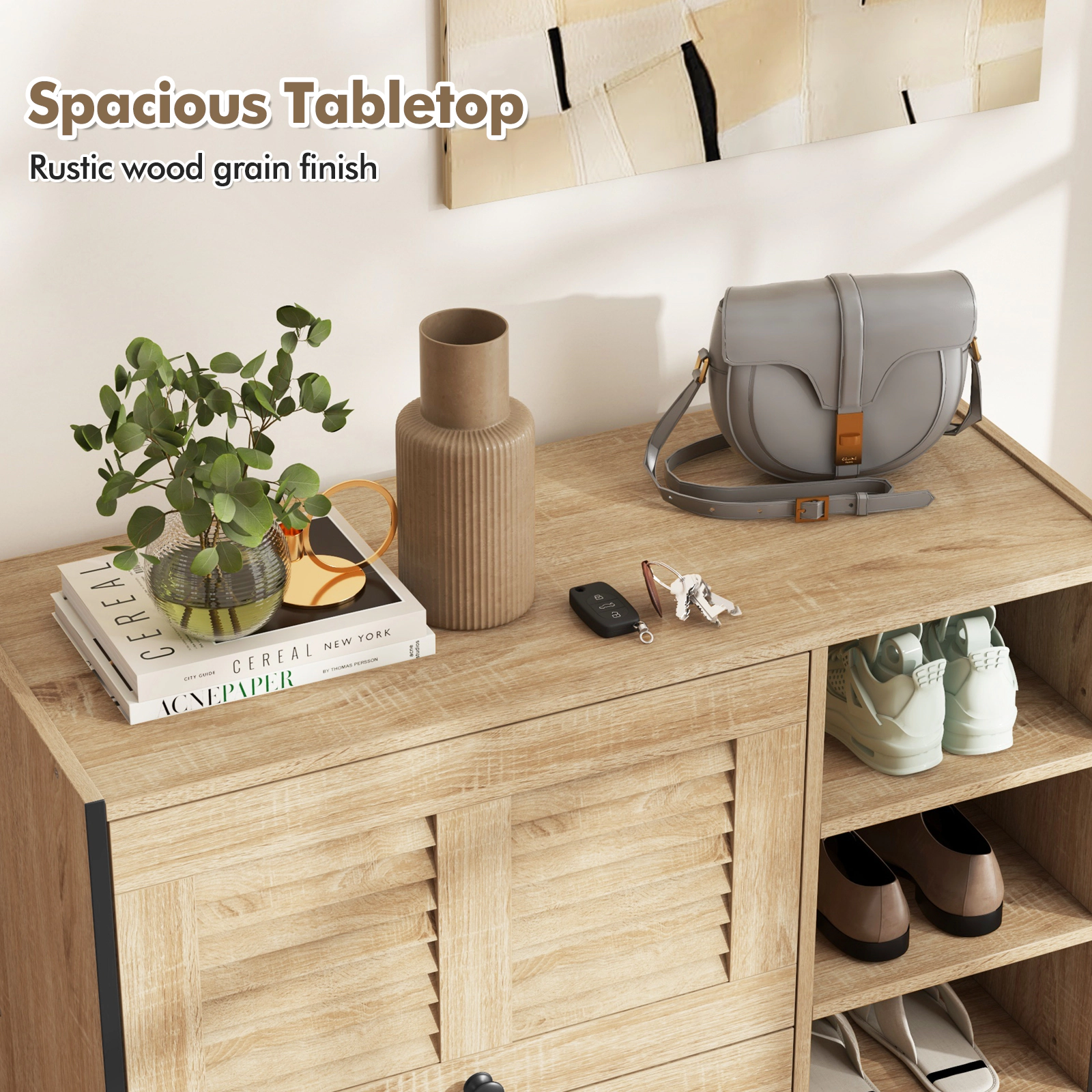 SUGIFT Oak 35.5-in Entryway Shoe Cabinet with 2 Flip-Up See-Through Doors and 4 Open Storage Shelves