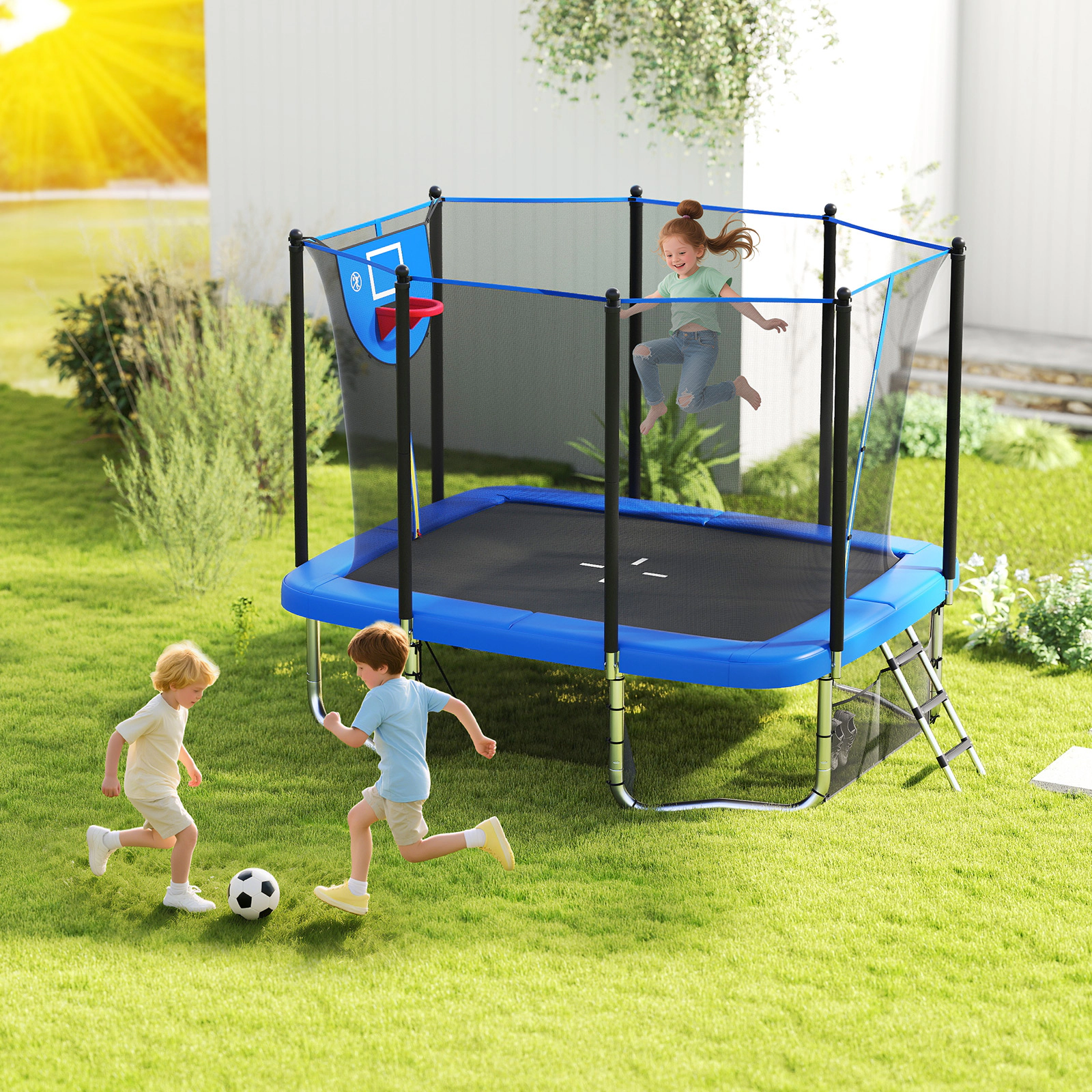 10-ft x 8-ft Rectangle Trampoline Basketball Hoop Soccer Goal 1100-lb Static Capacity Heavy-Duty Hot-Dip Outdoor Blue