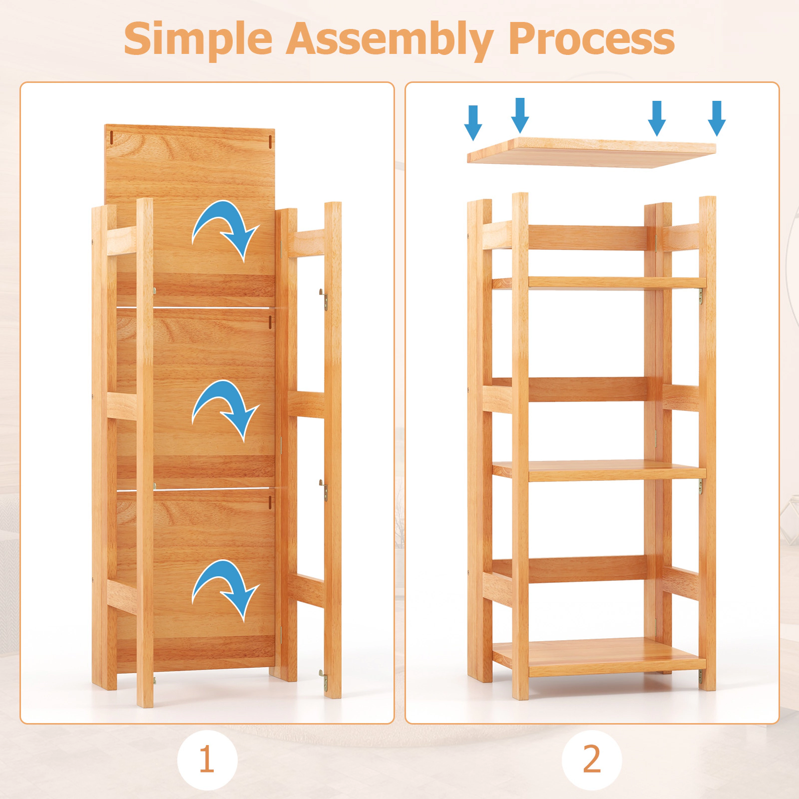 Hivvago 4-Tier Rubber Wood Bookshelf with Side Fences for Living Room