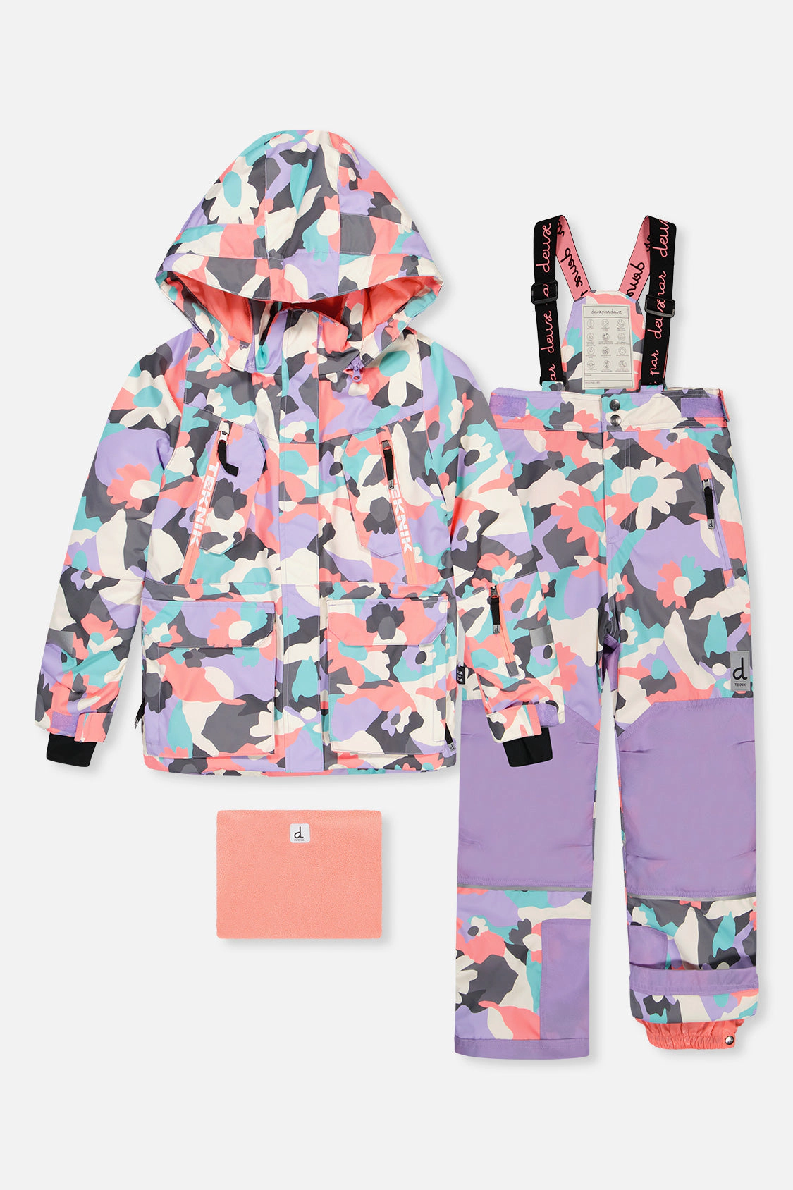 Deux par Deux Girls Two Piece Teknik Camouflage Print Snowsuit with Hooded Jacket and Snow Pants