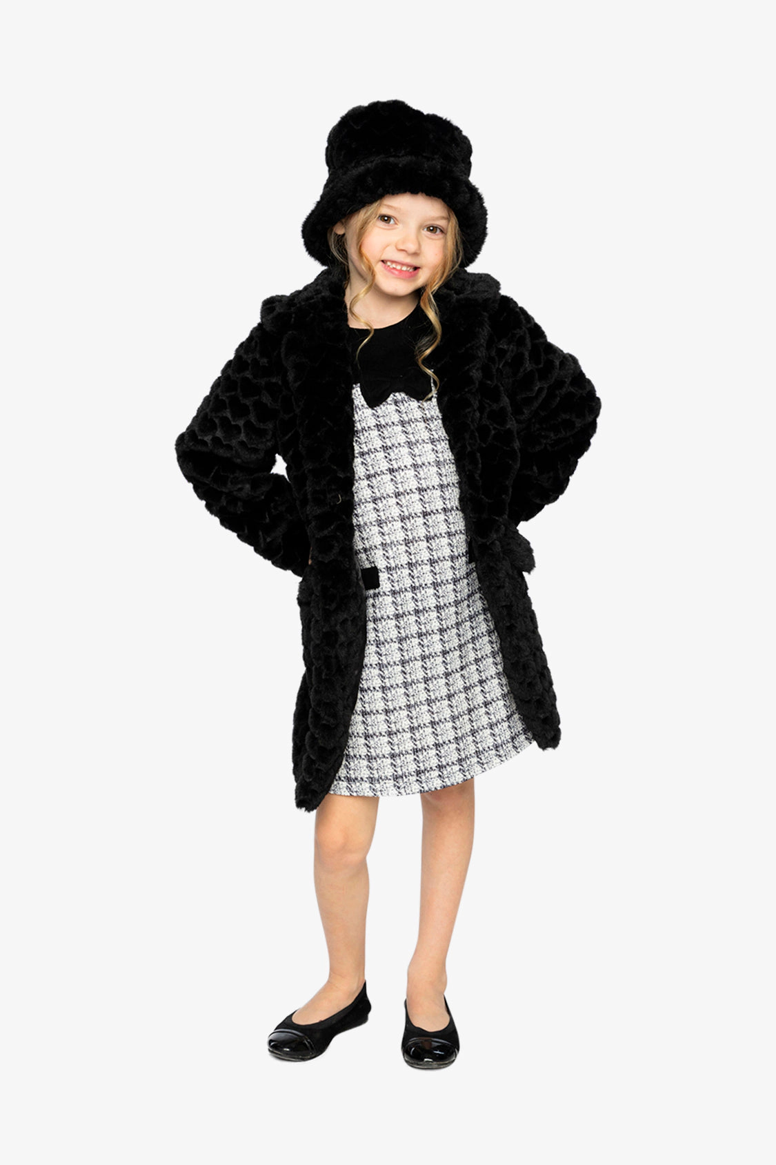 Deux par Girls Button Front Textured Heart Pattern Faux Fur Long Coat