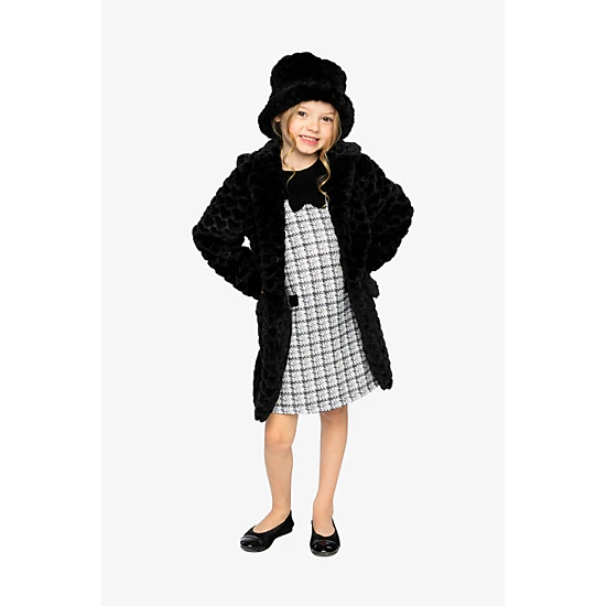 Deux par Deux Girls Button Front Textured Heart Pattern Faux Fur Long Coat