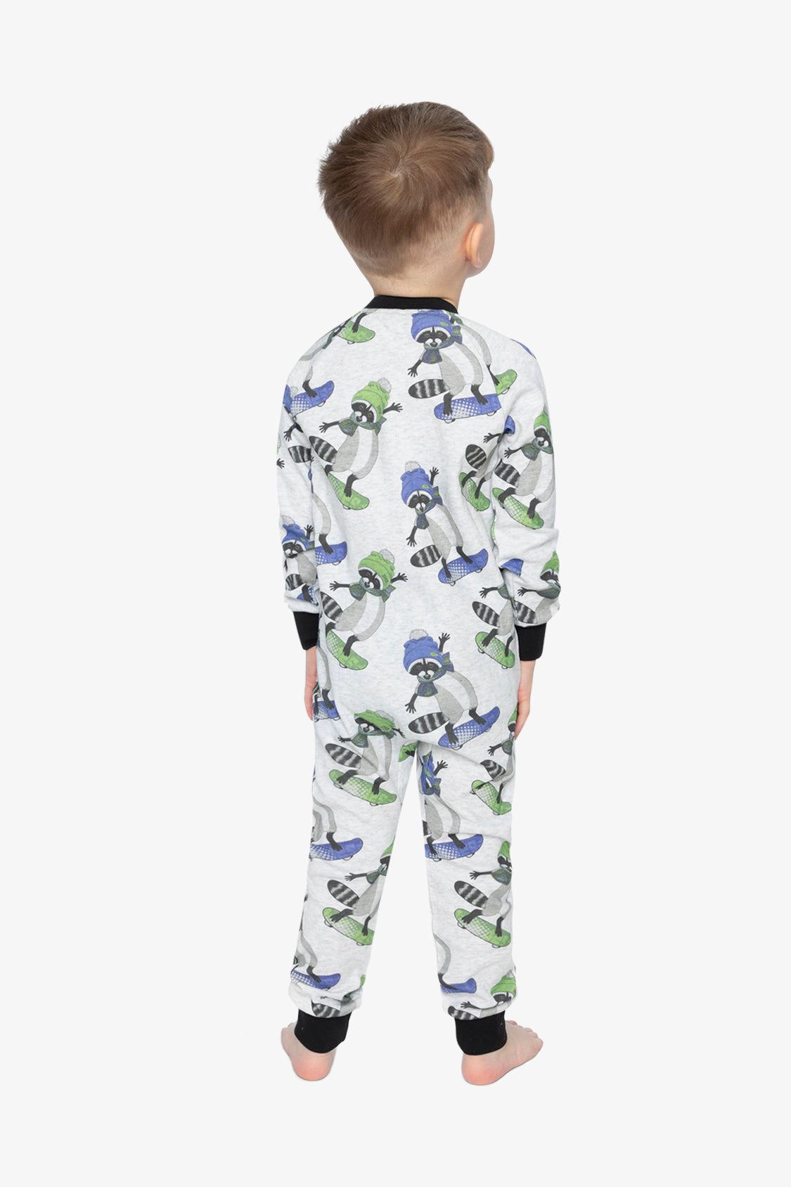 Deux par Boys Organic Cotton Raccoon Print Front Zip Long Sleeve One Piece Pajama
