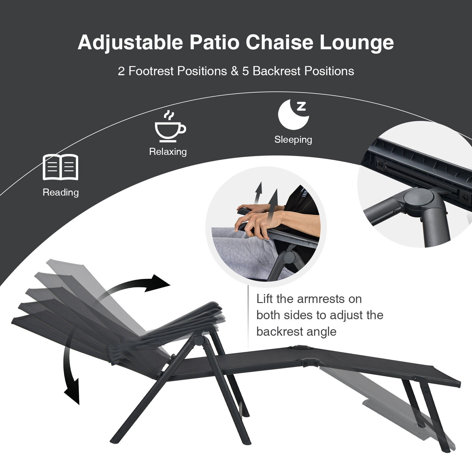 SUGIFT 2-Piece Foldable Chaise Lounge Chair 5-Position Backrest & 2-Position Footrest 330-lb Capacity Black Brown Gray