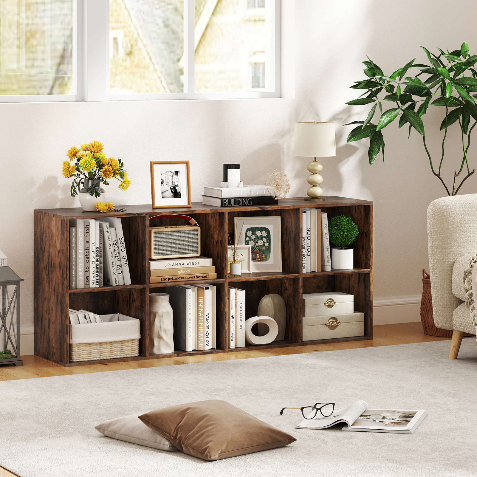 Costway 8-Cube Bookcase Bookshelf with 2 Anti-Tipping Kits Storage Organizer,Natural Natural
