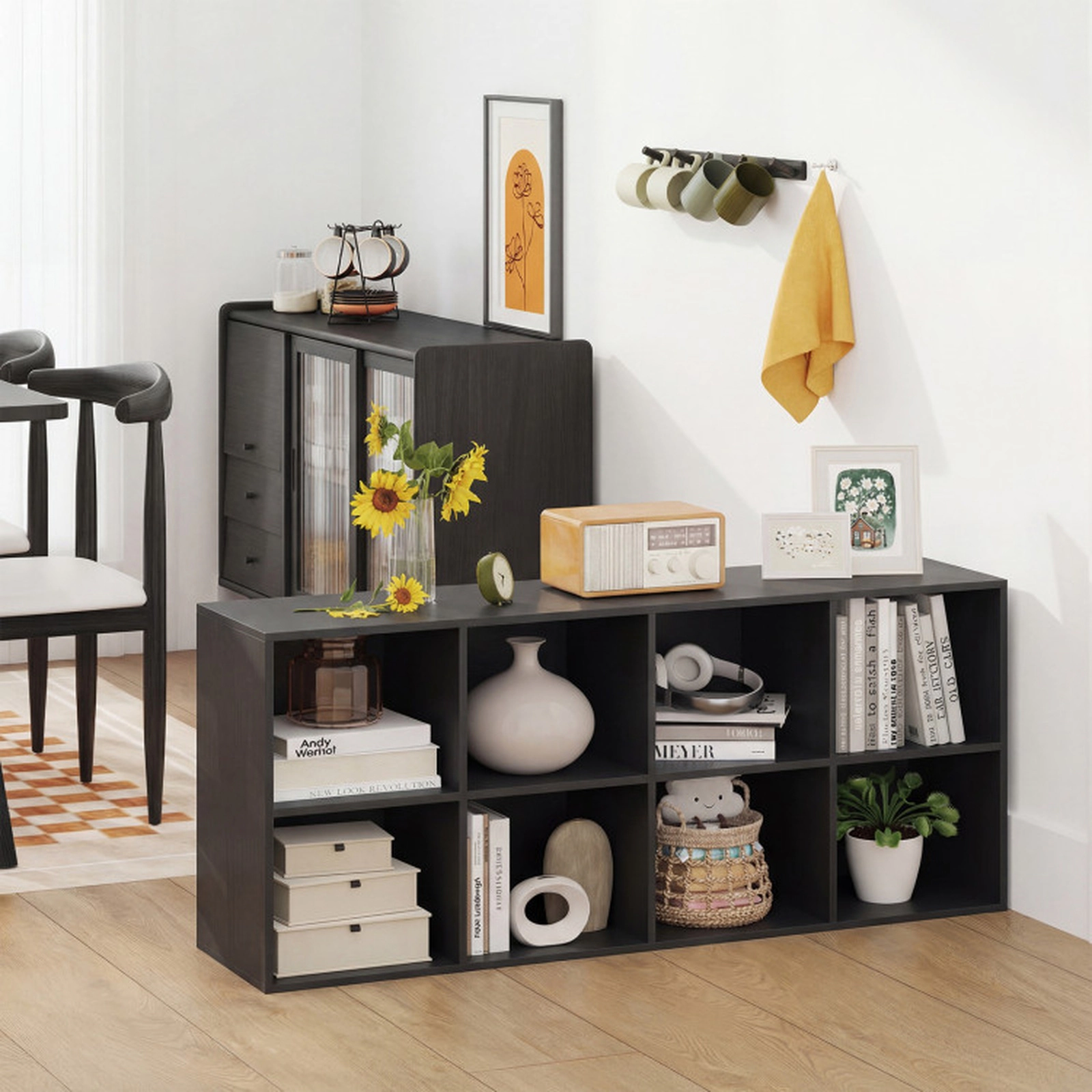 SUGIFT 8-Cube Bookcase Bookshelf 180-lb Top Capacity 22-lb Cube Capacity Storage Organizer Rustic Brown/White/Natural