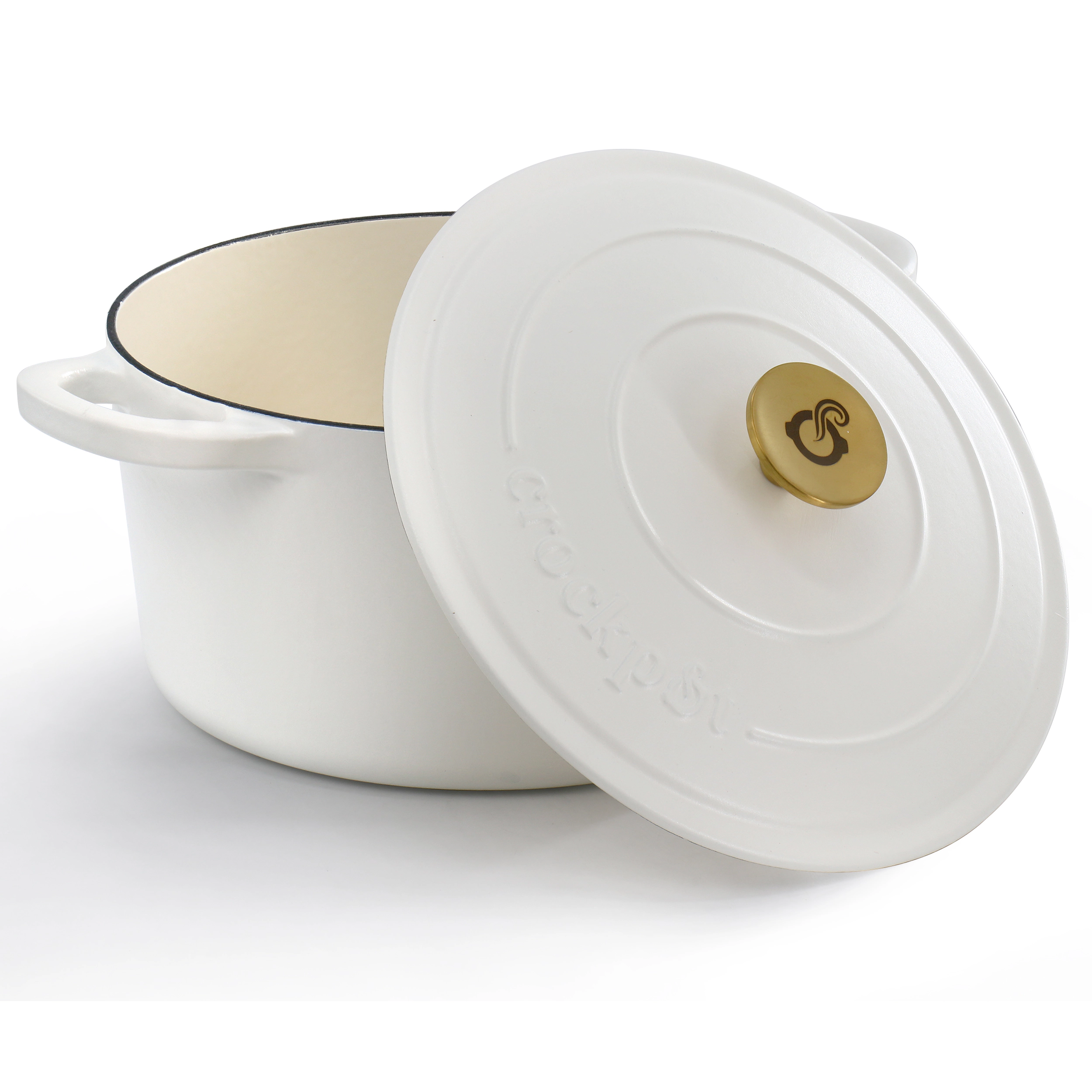 Crockpot Artisan 6 Quart Enameled Cast Iron Dutch Oven in Matte Linen with Gold Handle
