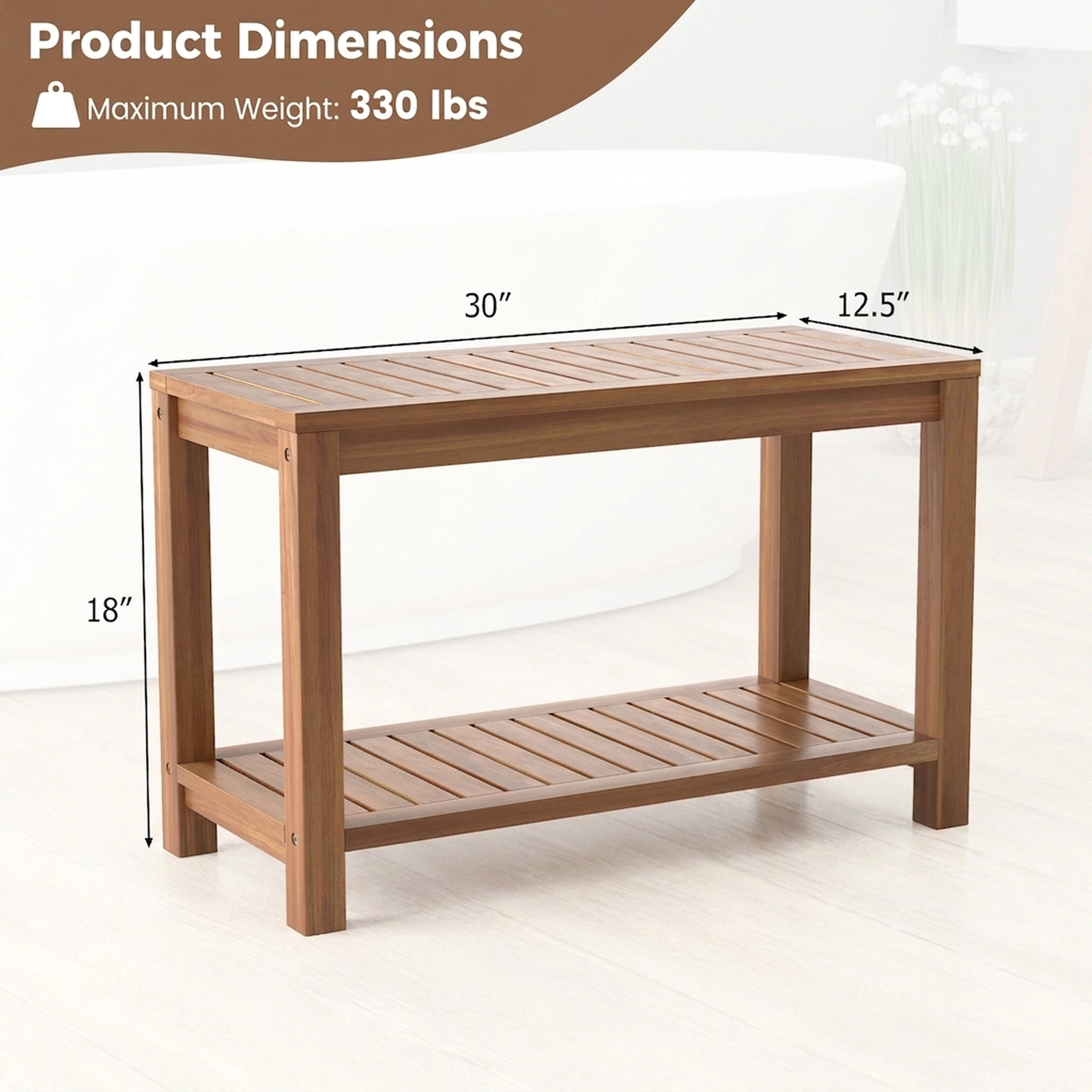 SUGIFT 2-Tier Slatted Storage Shelf Solid Teak Wood Shower Bench 30-in x 12.5-in x 18-in 330-lb Capacity Natural