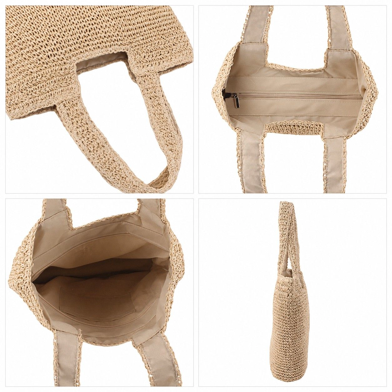 Alilang Women's Woven Crochet Tote Bag with Shoulder Straps Lightweight Knit Zipper Pocket, Khaki