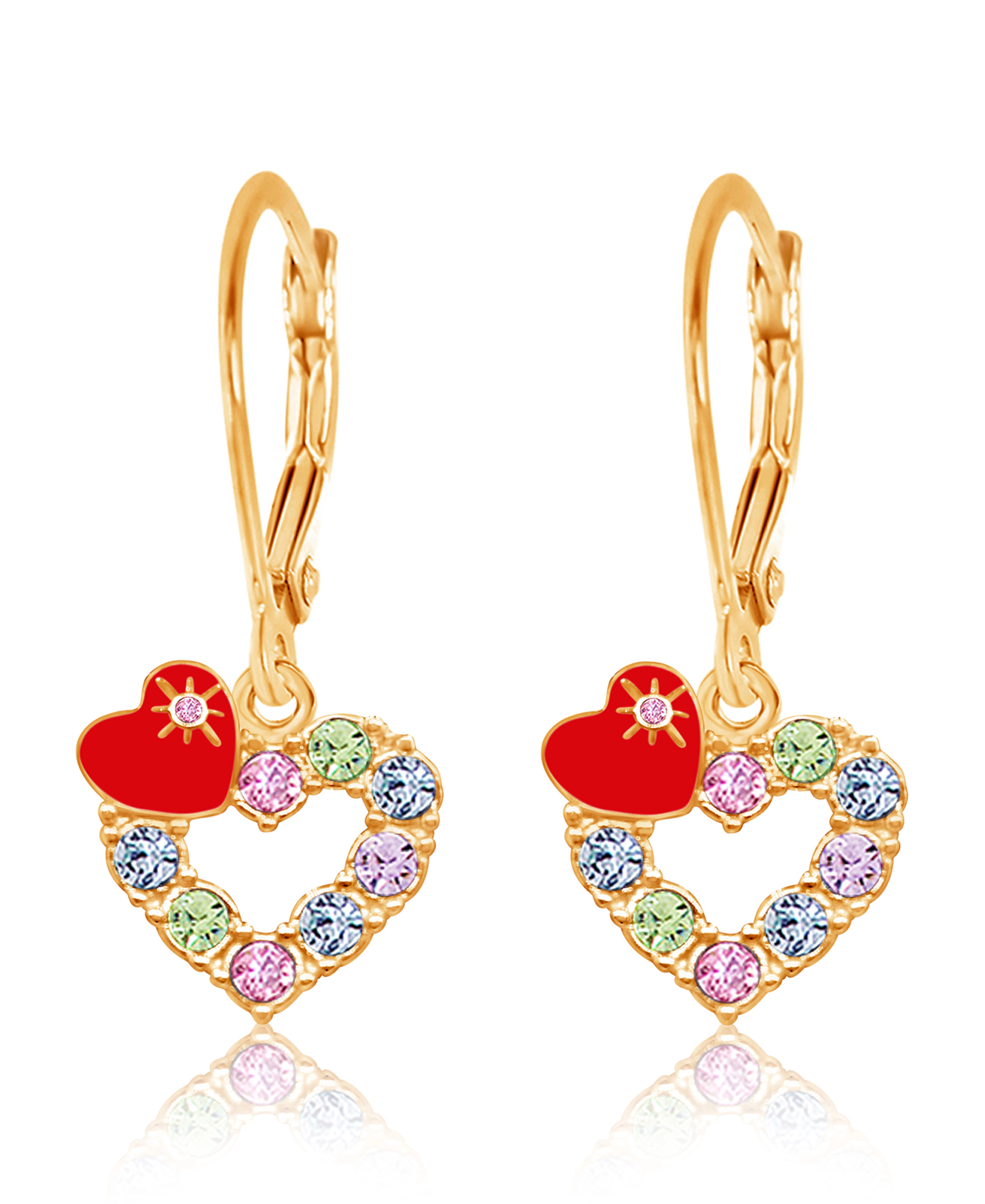 CHANTEUR Kids Heart Red Crystal Leverback Earrings - Gold Tone, Nickel/Lead/Cadmium Safe
