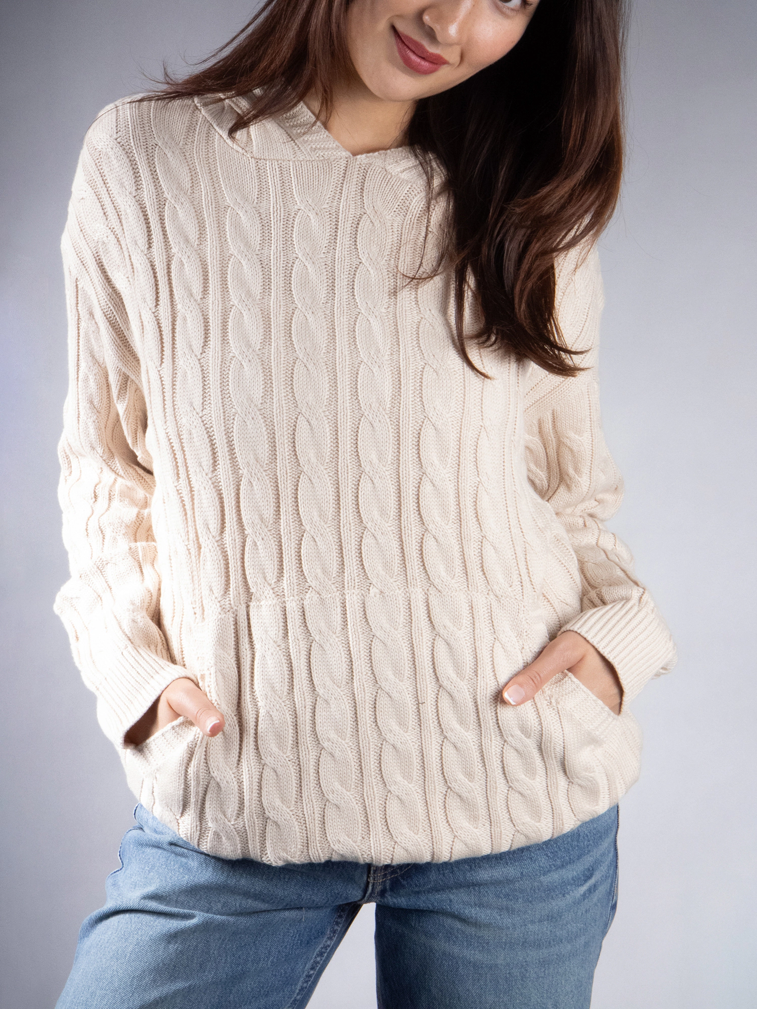 JESS by Meiko Women's Oversized Long Sleeves Cable Knit Hooded Sweater Top