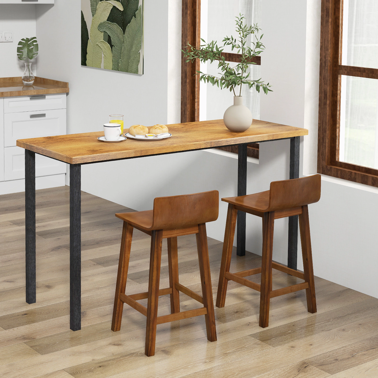 SUGIFT Brown Solid Back and Seat Mid-Century Design Set of 2 Wood Bar Stool