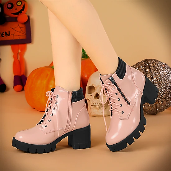 BLISSFUL STEP Women Round Toe Chunky Heel Lace Up Platform Combat Boots