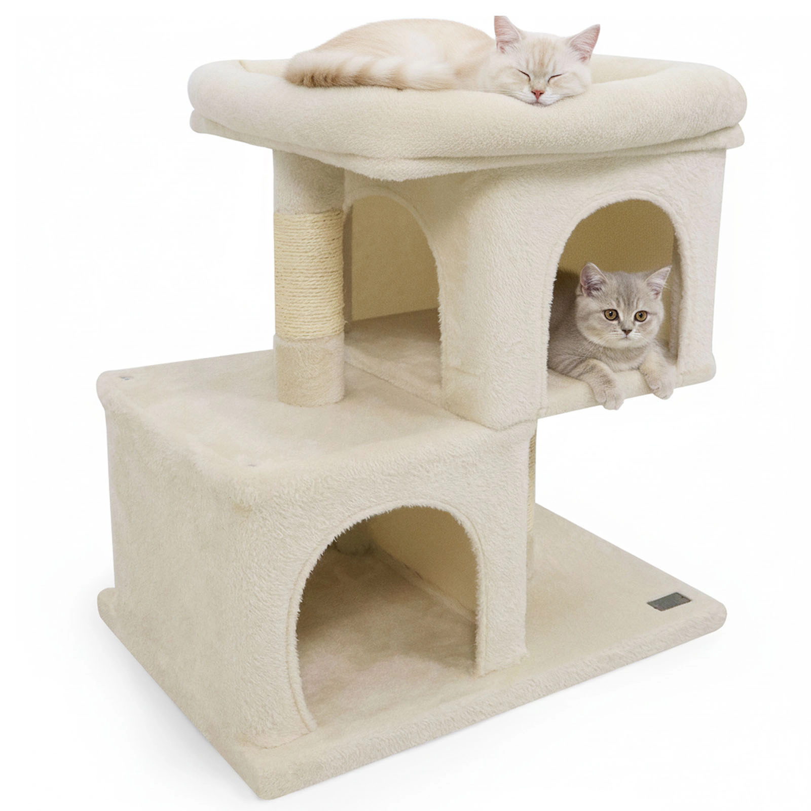 SUGIFT Space-Saving Cat Tree Tower with Upholstered Perch and 2 Cat Condos 24-in Frame 22-lb Capacity Beige