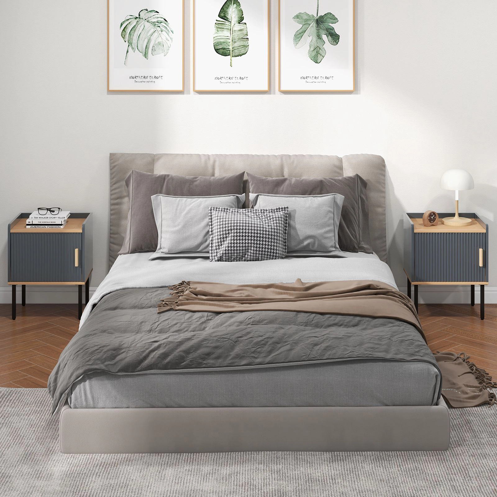 SlickBlue Gray Bedside Table with Storage Cabinet and Wood Handle