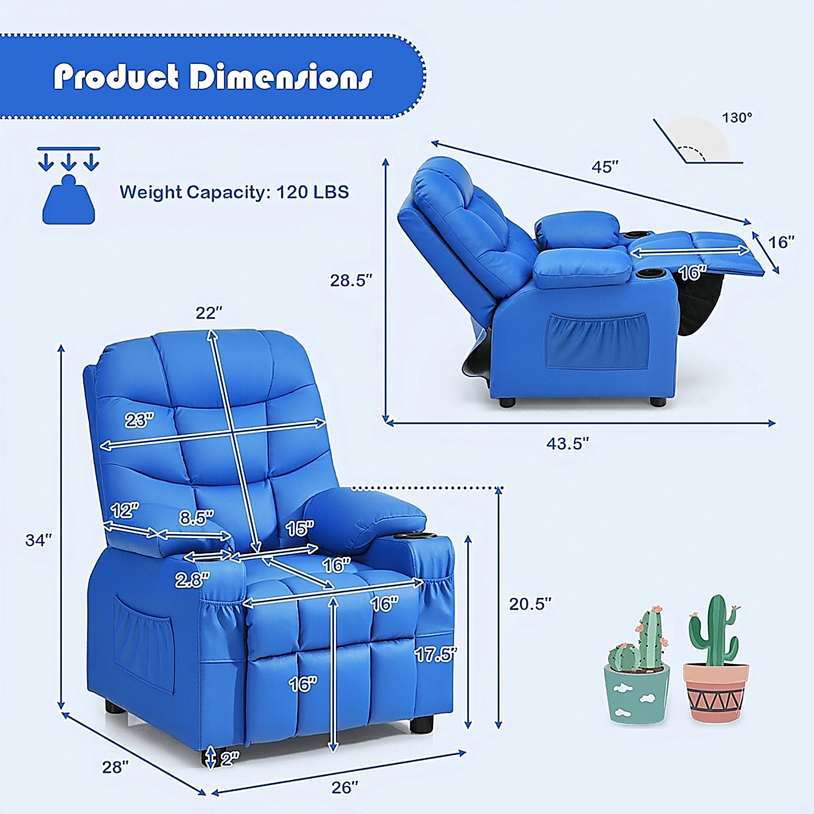 SUGIFT Kids Recliner Chair with Cup Holders and Footrest 120-lb Capacity Over 3 Years Blue