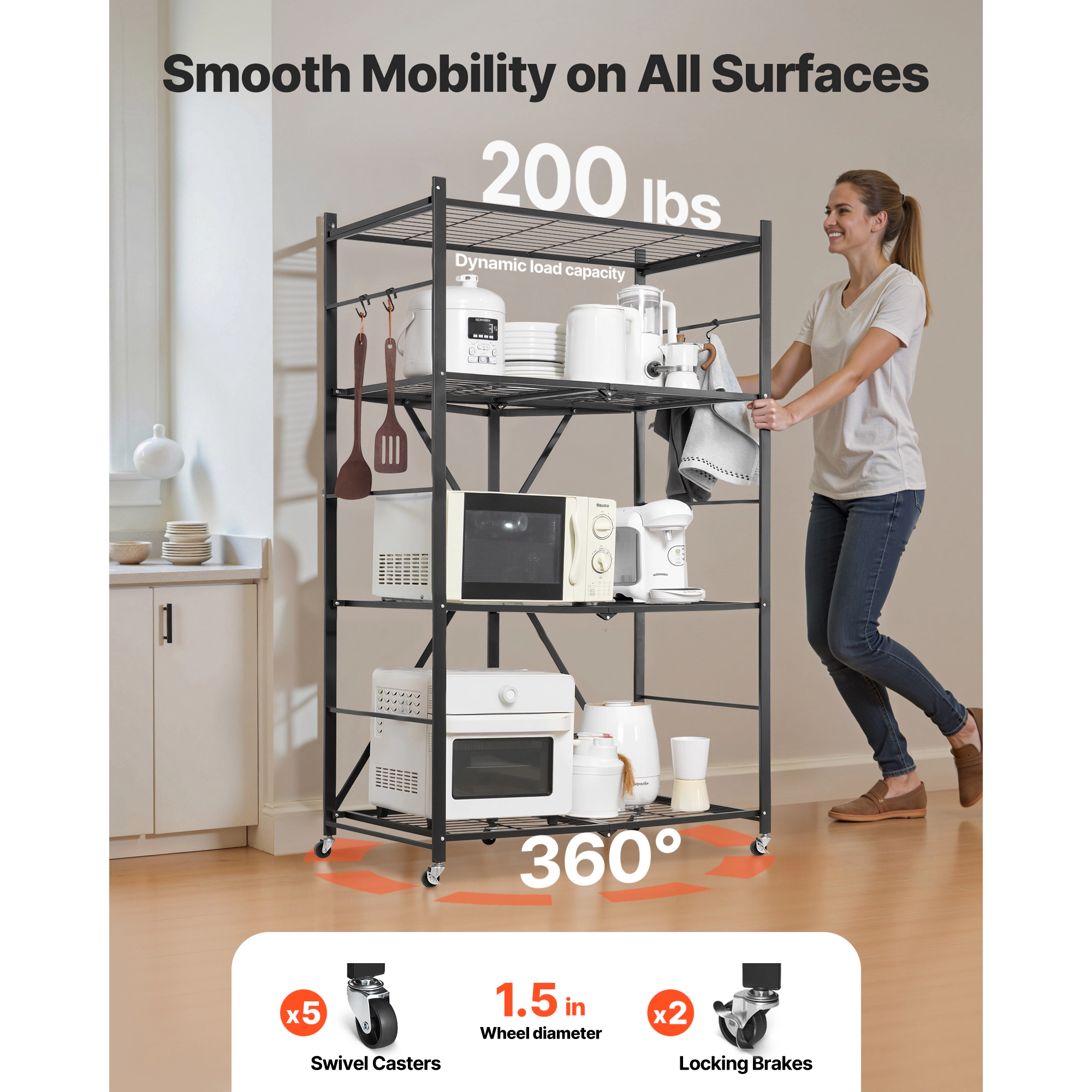 HONGGE Foldable Storage Shelf Folding Metal Rack Shelving Unit No Assembly Organizer Shelf with 5 Wheels & 4 Hooks for