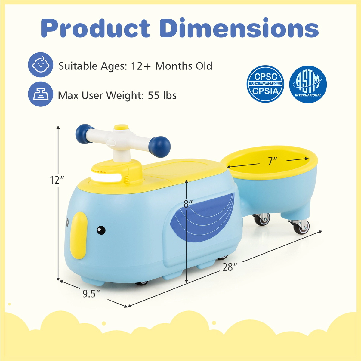 SUGIFT Blue Detachable Trailer Light Music and Under Seat Storage Toddler Ride On Toy