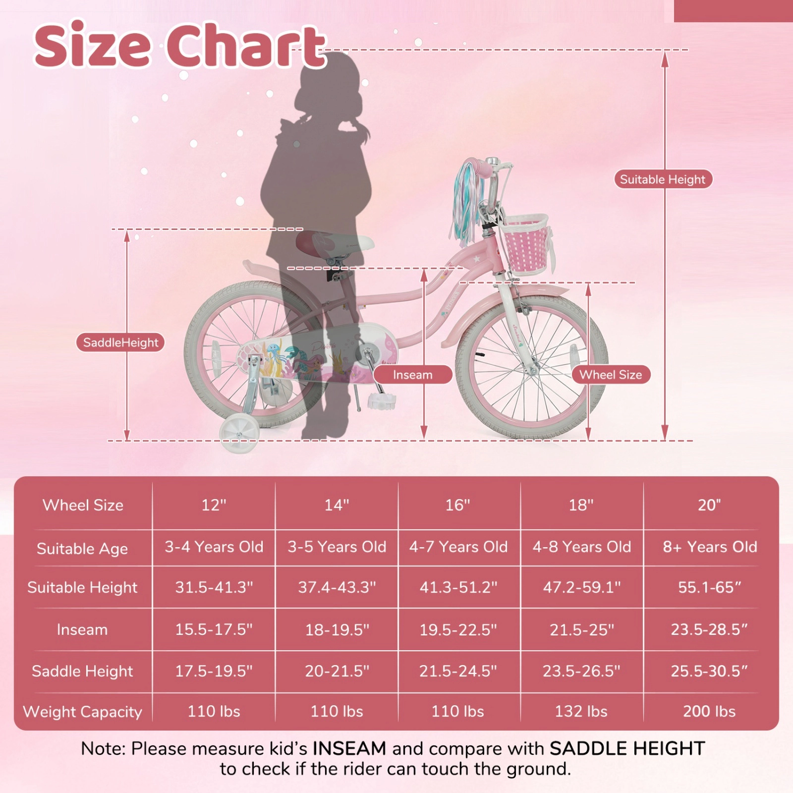 18-in Girls Bike with Removable Training Wheels Kickstand Basket and Streamers for Ages 4-8 Mermaid Graphics Bicycle