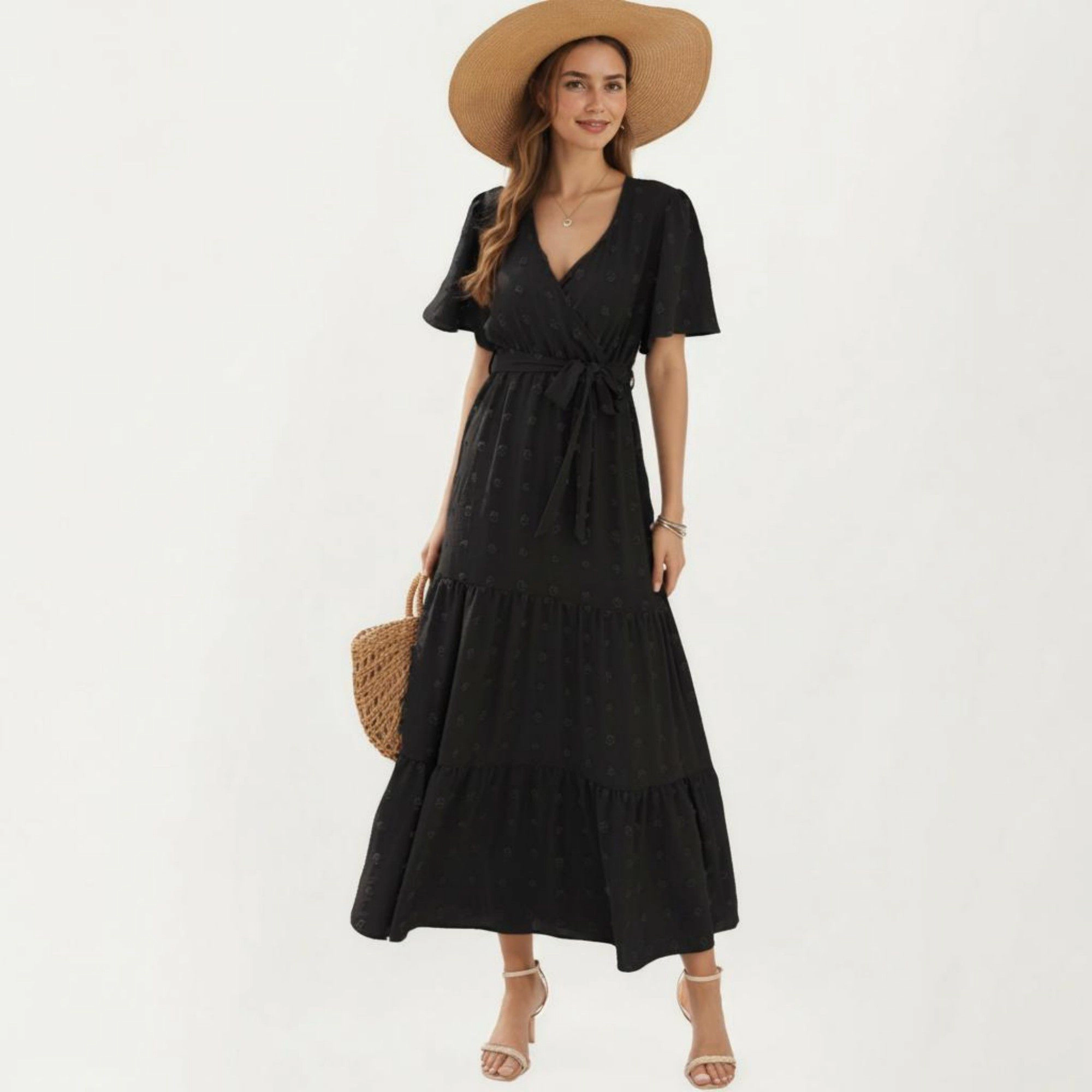Anna-Kaci Women's Short Sleeve Wrap Front Maxi Dress with Waist Tie and Tiered Skirt