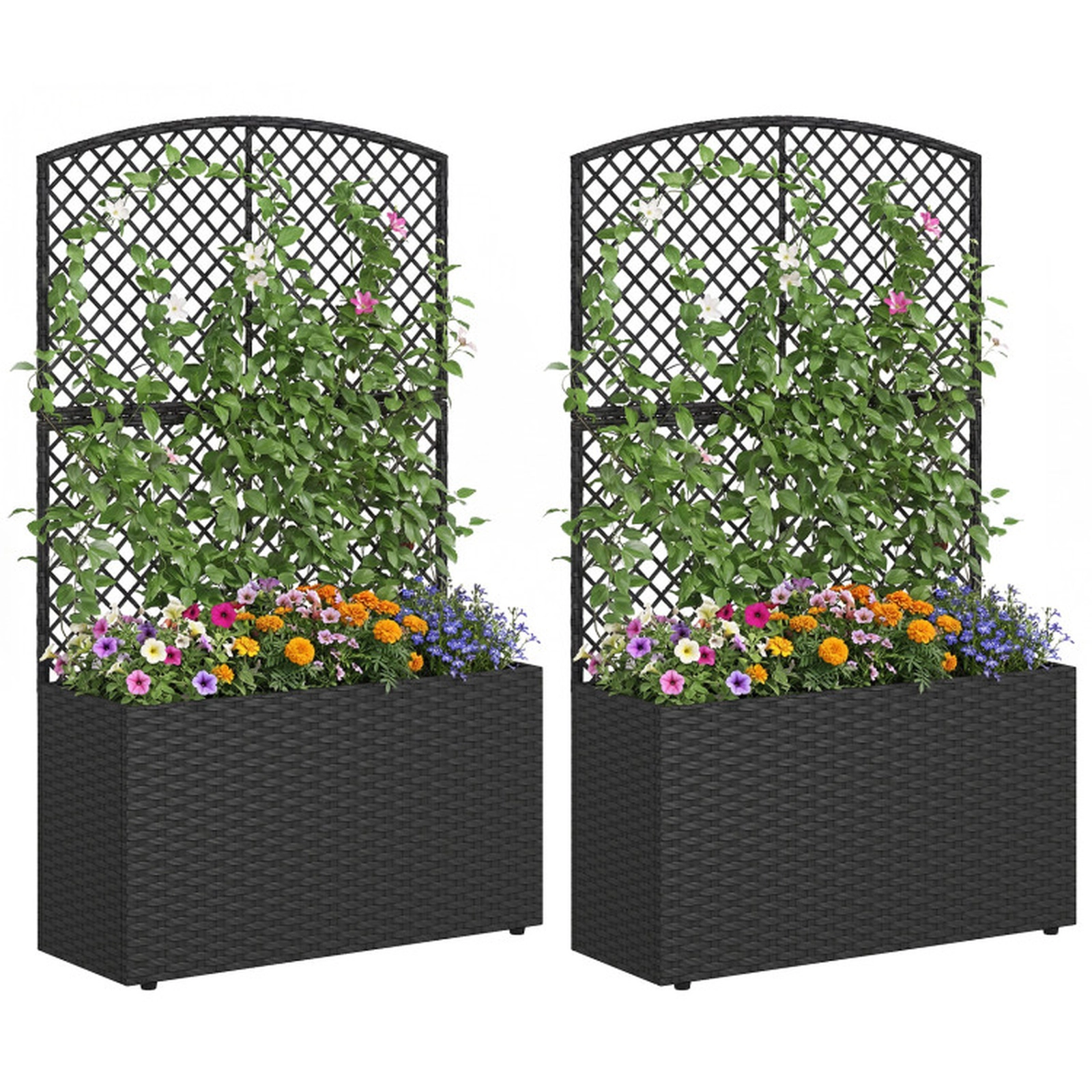SUGIFT Set of 2 130-lb Capacity 49-in Raised Garden Beds with Climbing Trellis and Hand-Woven Rattan Boxes