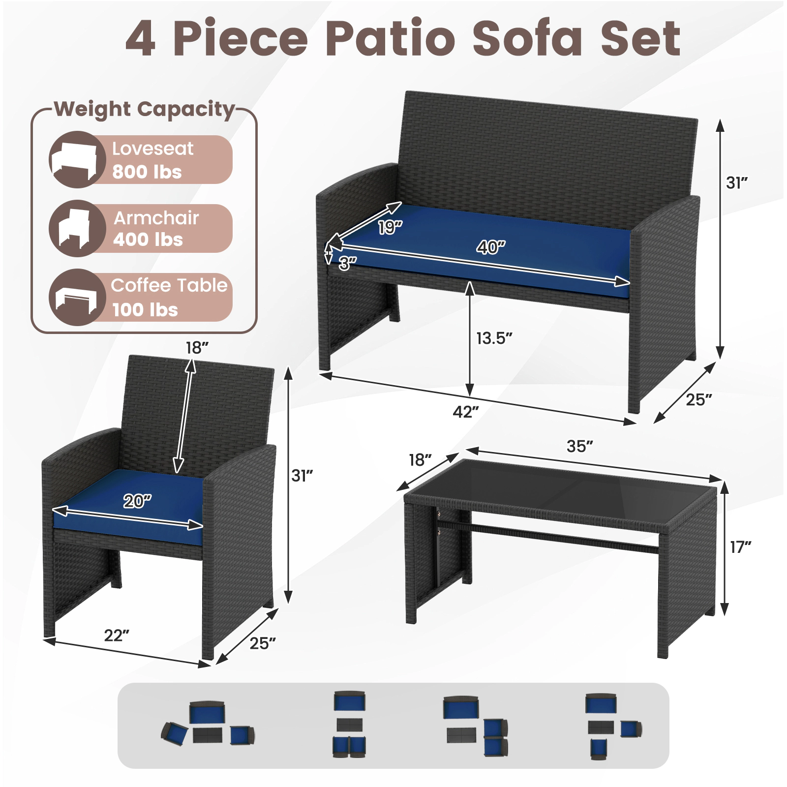 SUGIFT 4-Piece Rattan Patio Conversation Set with Tempered Glass Tabletop 400-800-lb Capacity Navy Cushions